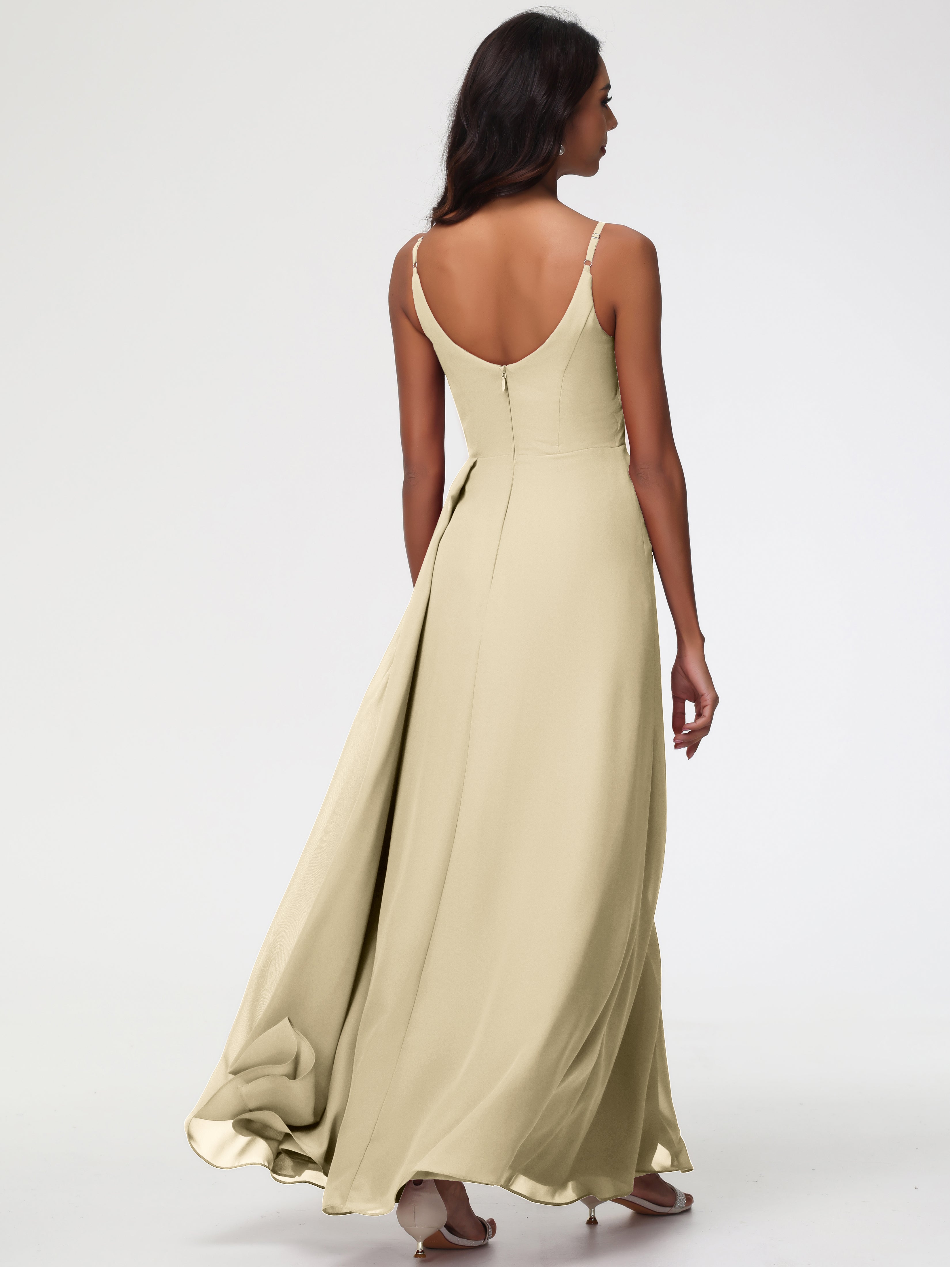 A-Line V-Neck Sleeveless Spaghetti Straps Pleats Chiffon Bridesmaid Dresses With Split
