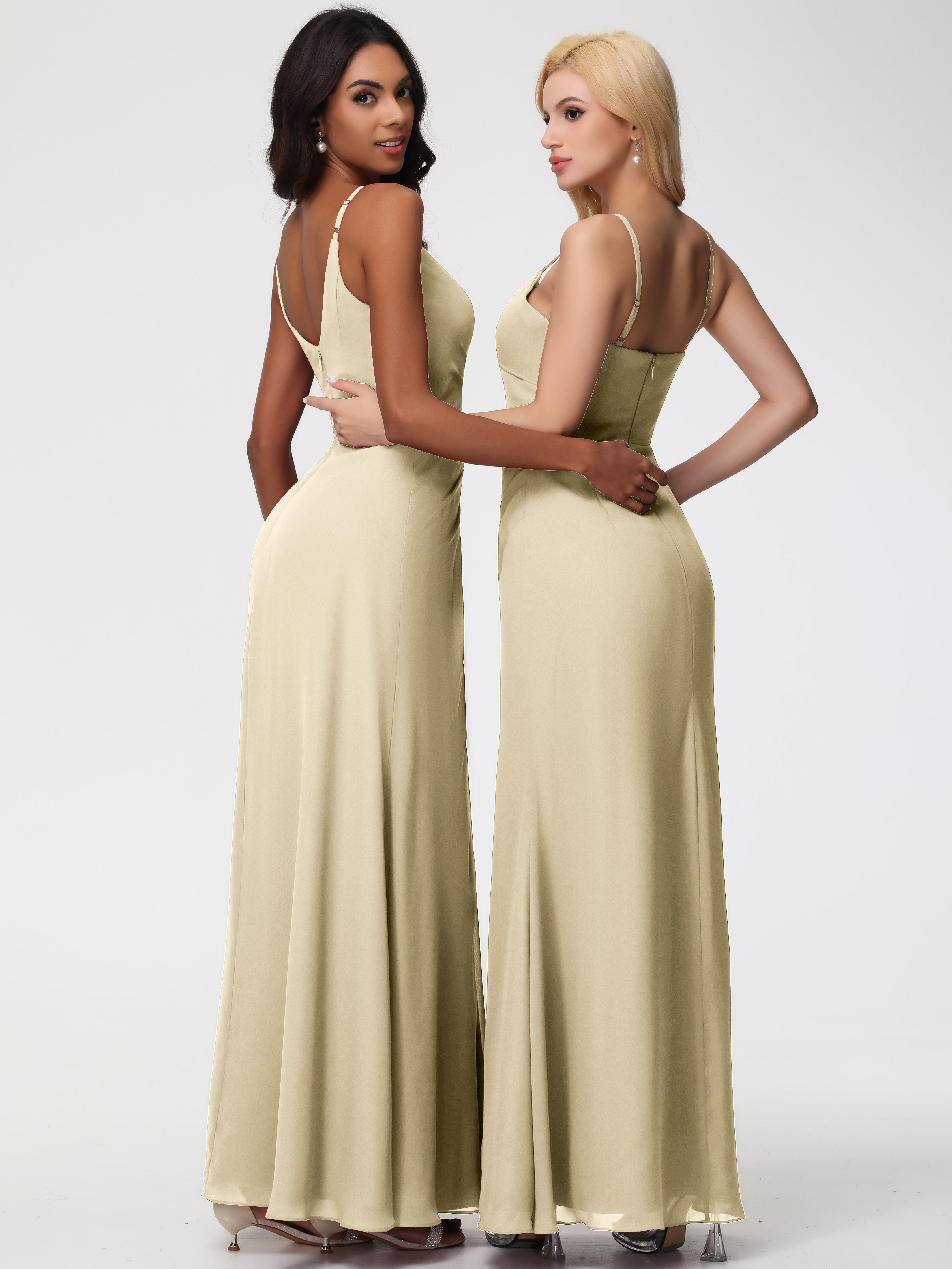 A-Line V-Neck Sleeveless Spaghetti Straps Pleats Chiffon Bridesmaid Dresses With Split