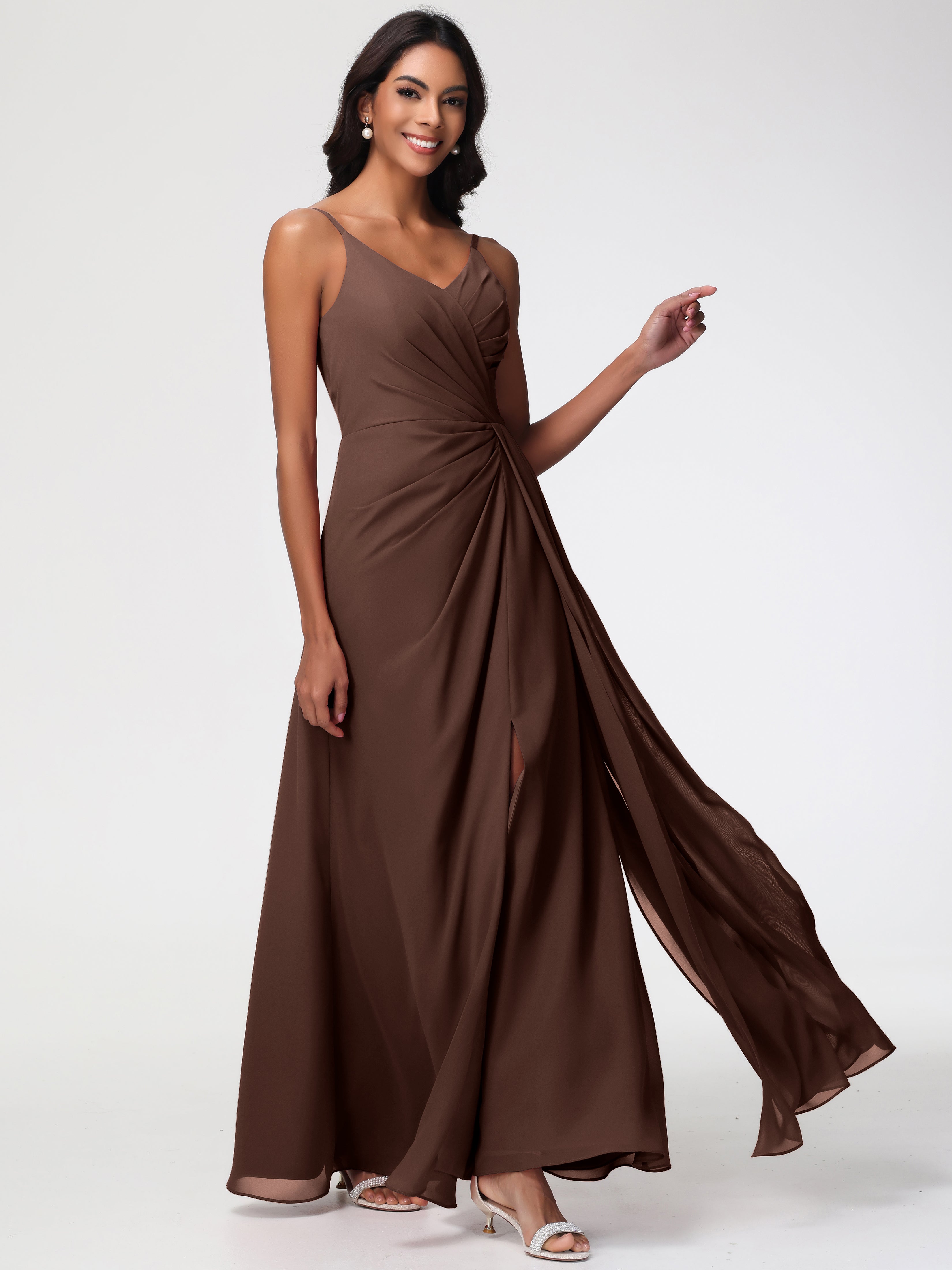 A-Line V-Neck Sleeveless Spaghetti Straps Pleats Chiffon Bridesmaid Dresses With Split
