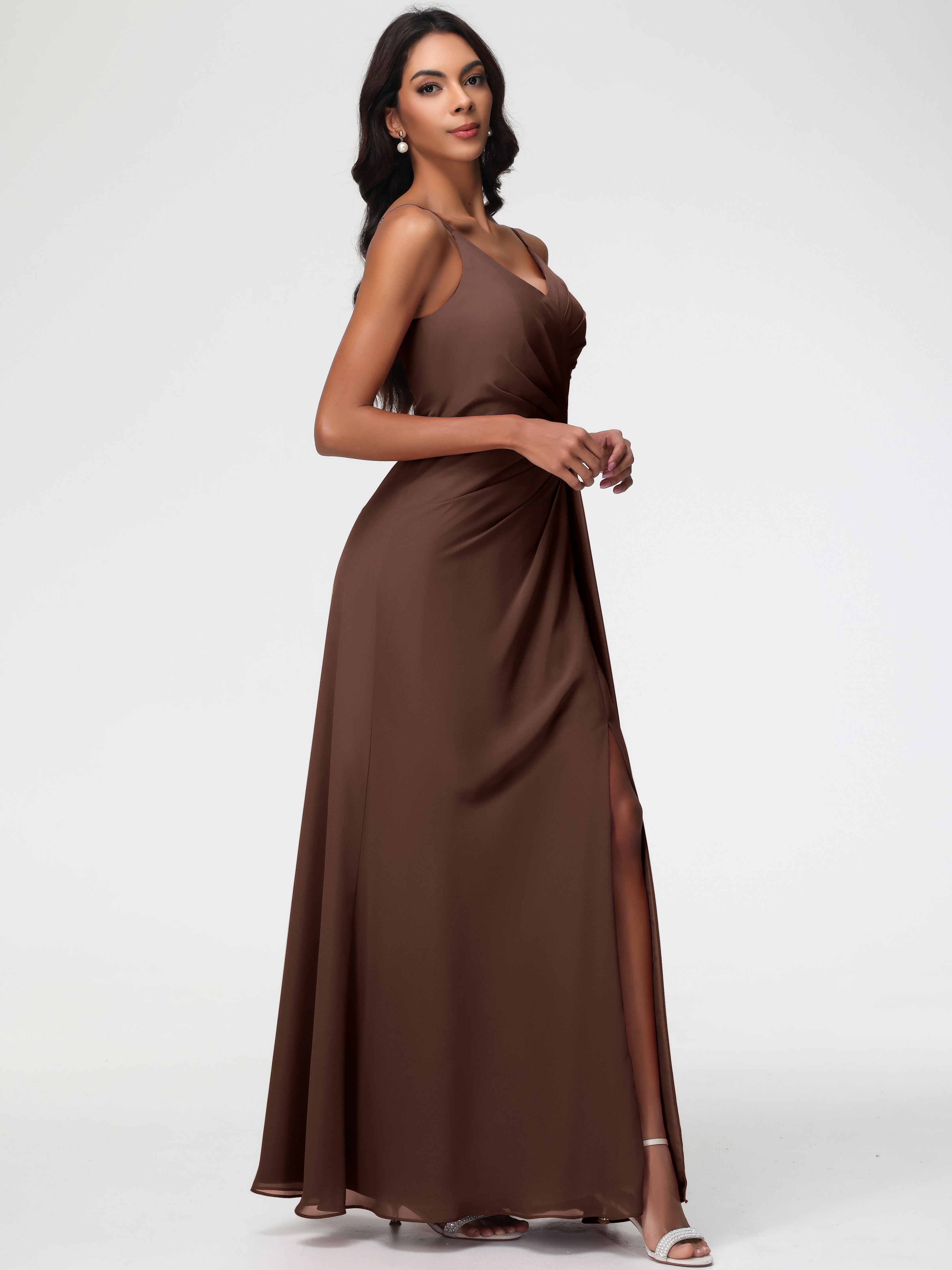 A-Line V-Neck Sleeveless Spaghetti Straps Pleats Chiffon Bridesmaid Dresses With Split