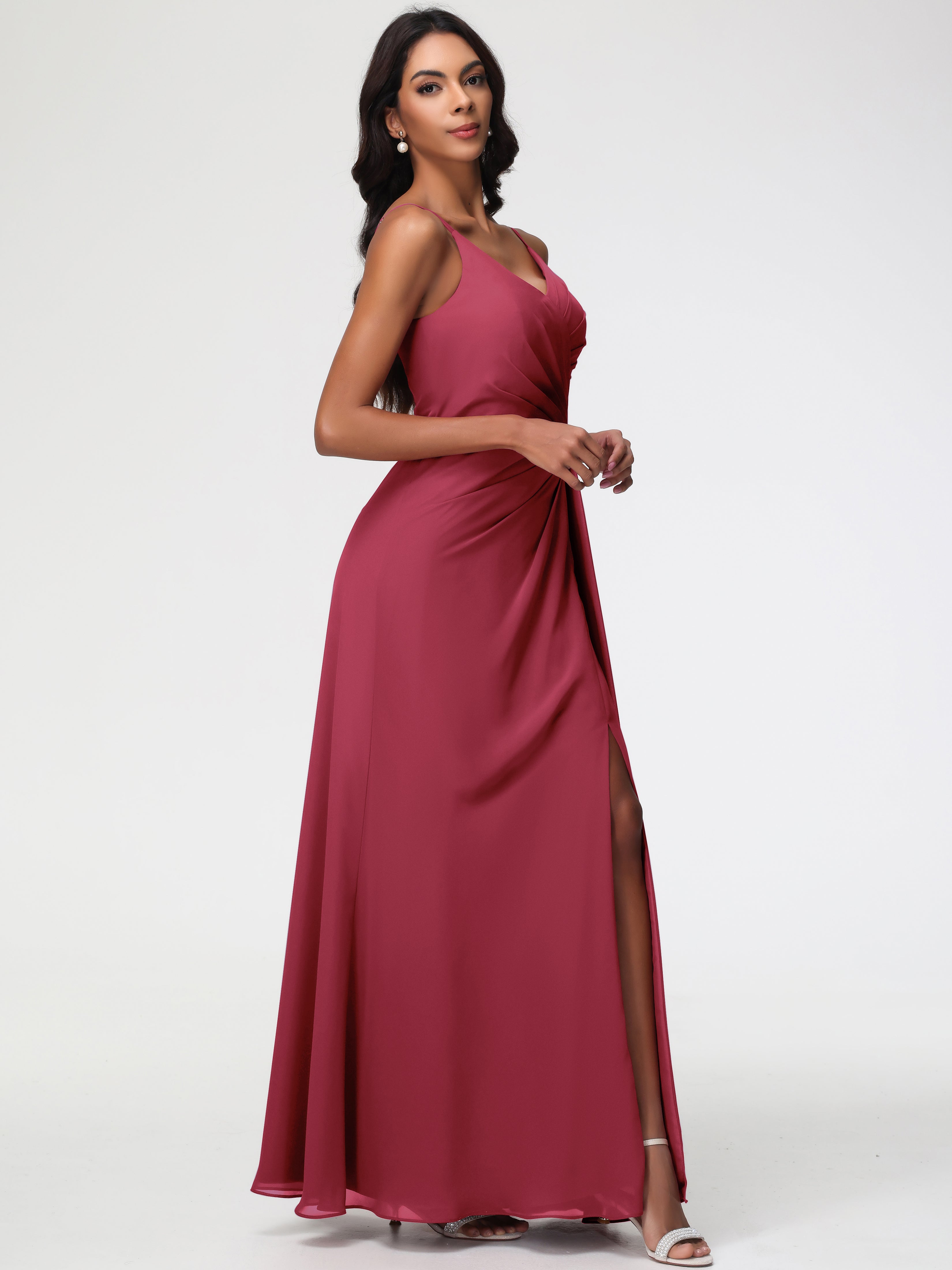 A-Line V-Neck Sleeveless Spaghetti Straps Pleats Chiffon Bridesmaid Dresses With Split