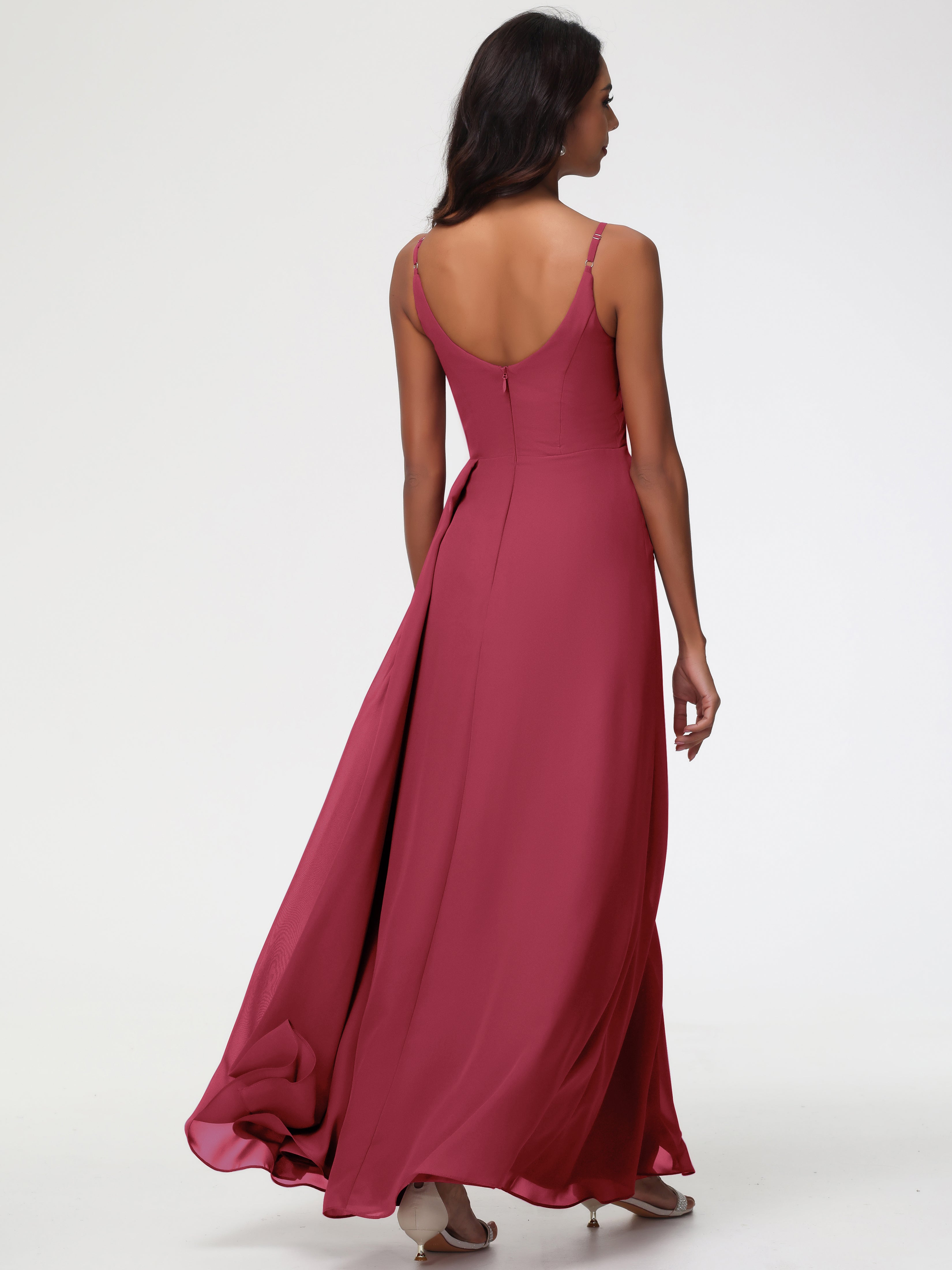 A-Line V-Neck Sleeveless Spaghetti Straps Pleats Chiffon Bridesmaid Dresses With Split