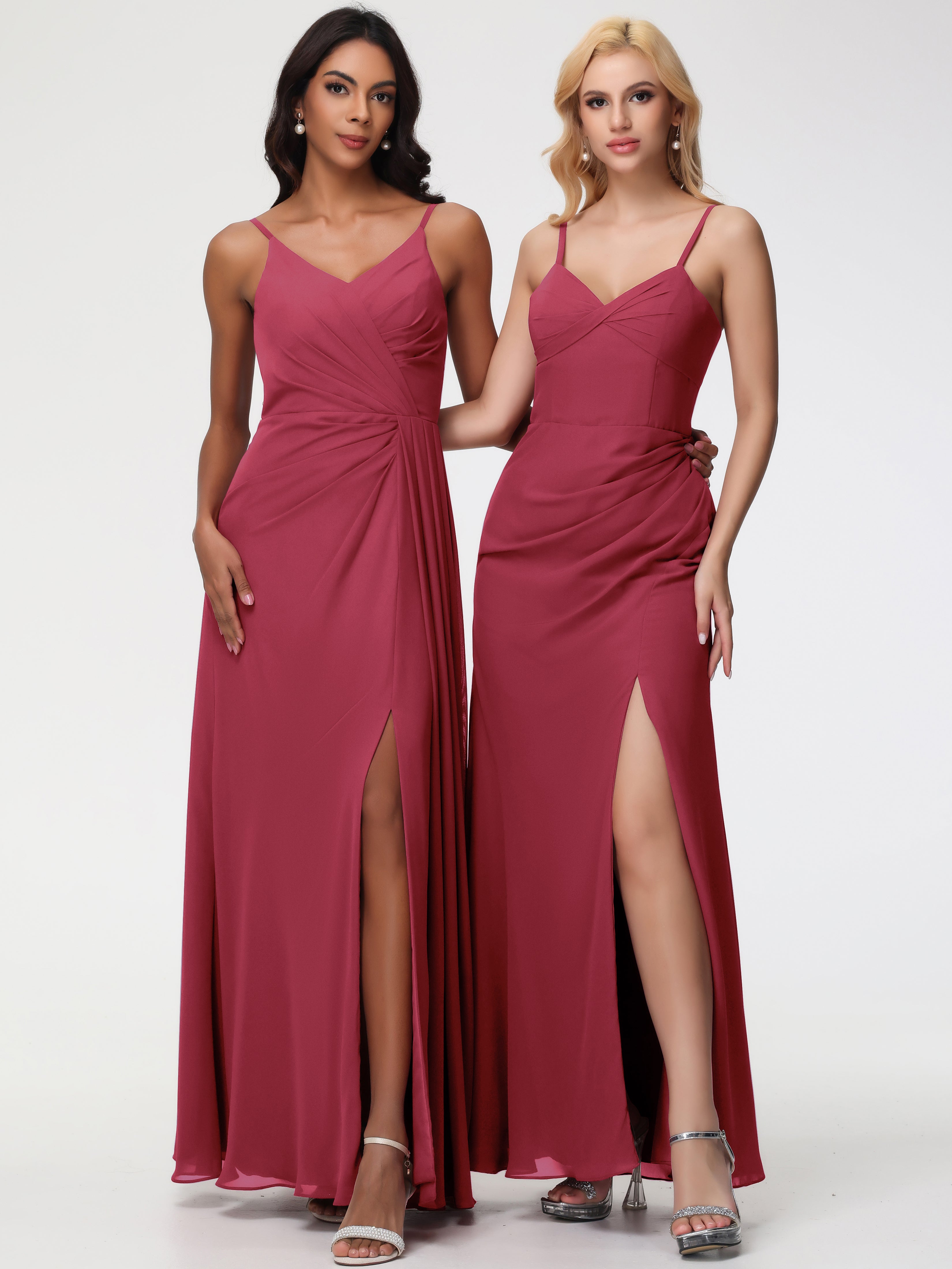 A-Line V-Neck Sleeveless Spaghetti Straps Pleats Chiffon Bridesmaid Dresses With Split