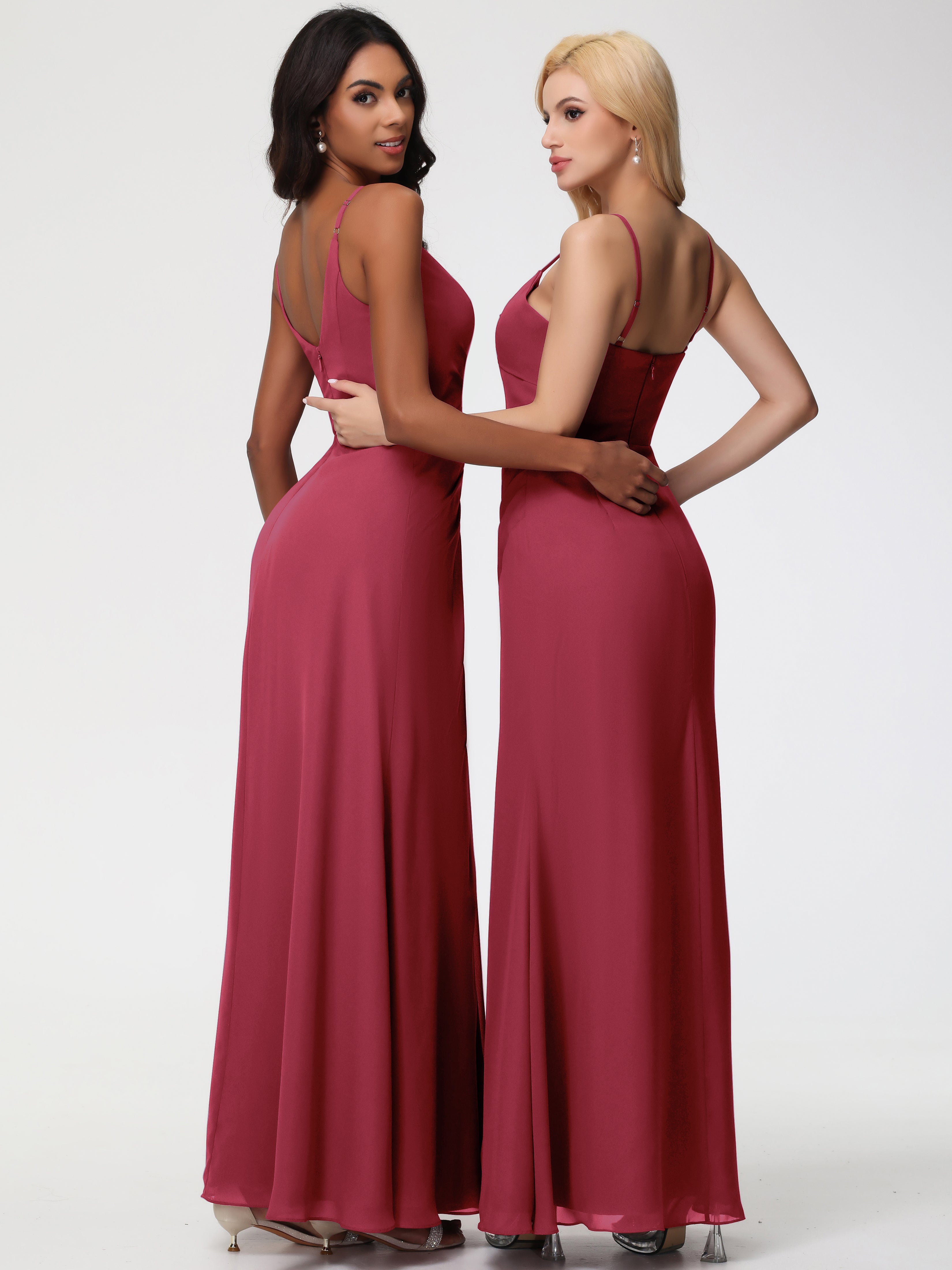 A-Line V-Neck Sleeveless Spaghetti Straps Pleats Chiffon Bridesmaid Dresses With Split