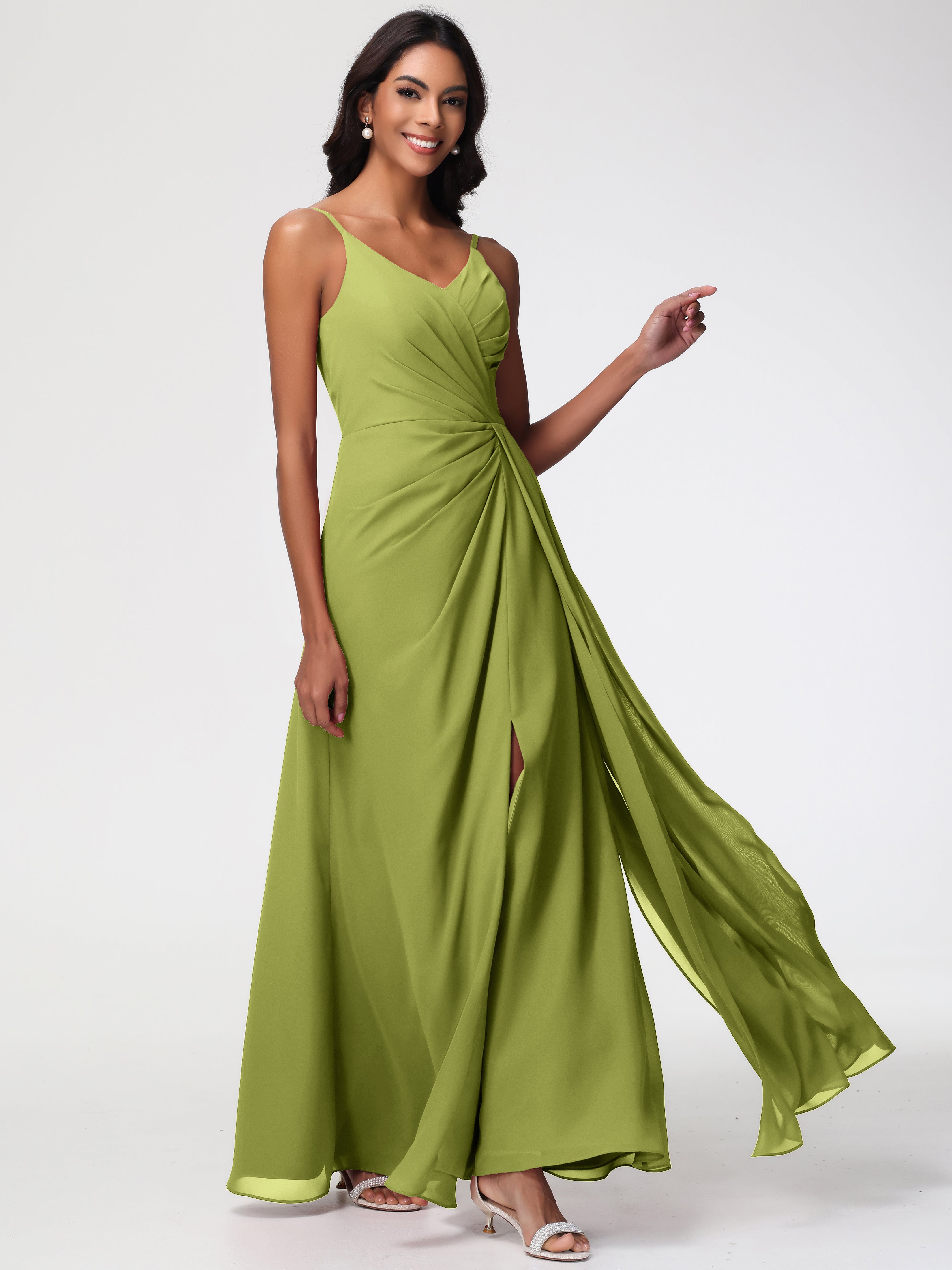 A-Line V-Neck Sleeveless Spaghetti Straps Pleats Chiffon Bridesmaid Dresses With Split