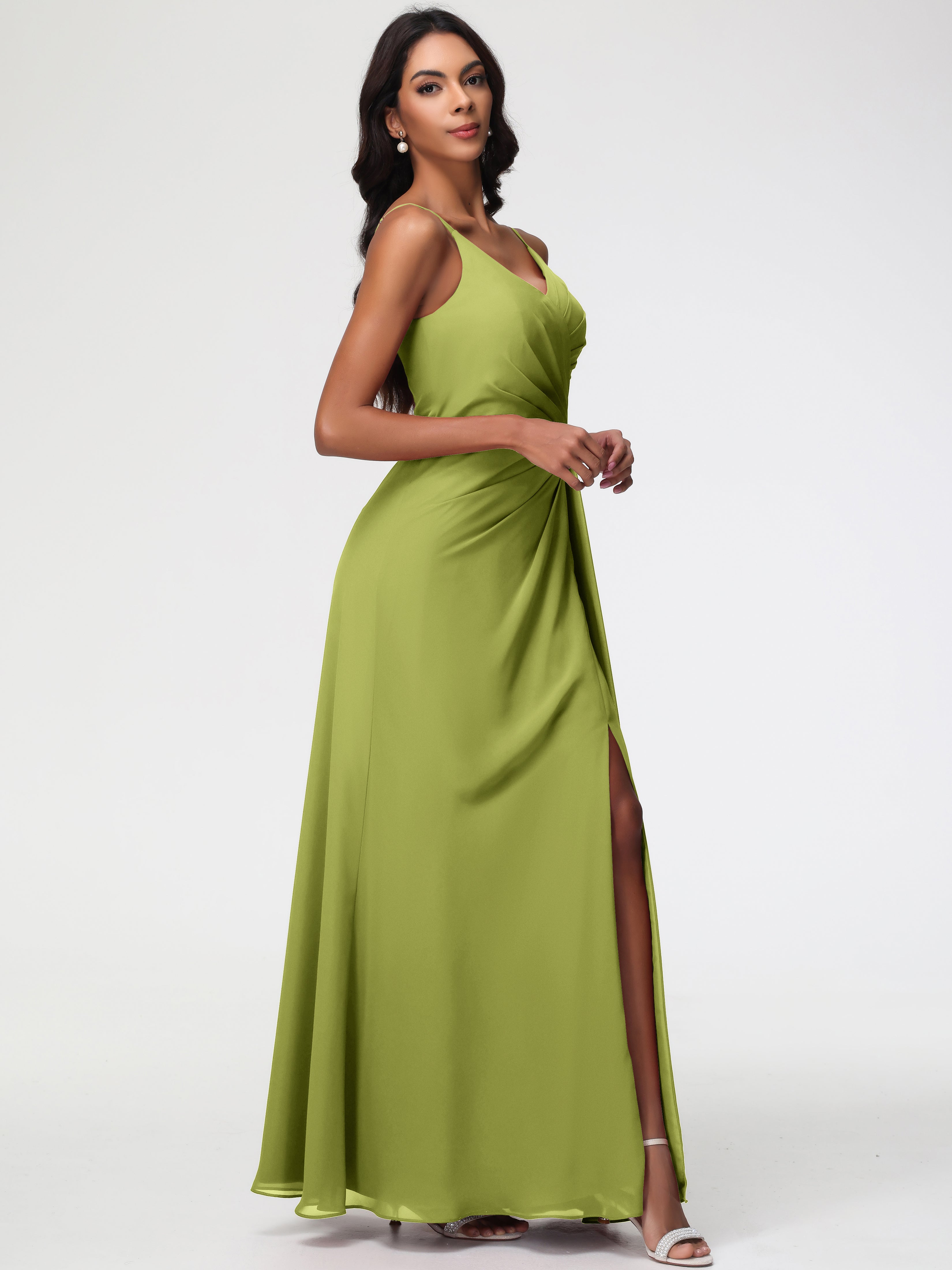 A-Line V-Neck Sleeveless Spaghetti Straps Pleats Chiffon Bridesmaid Dresses With Split