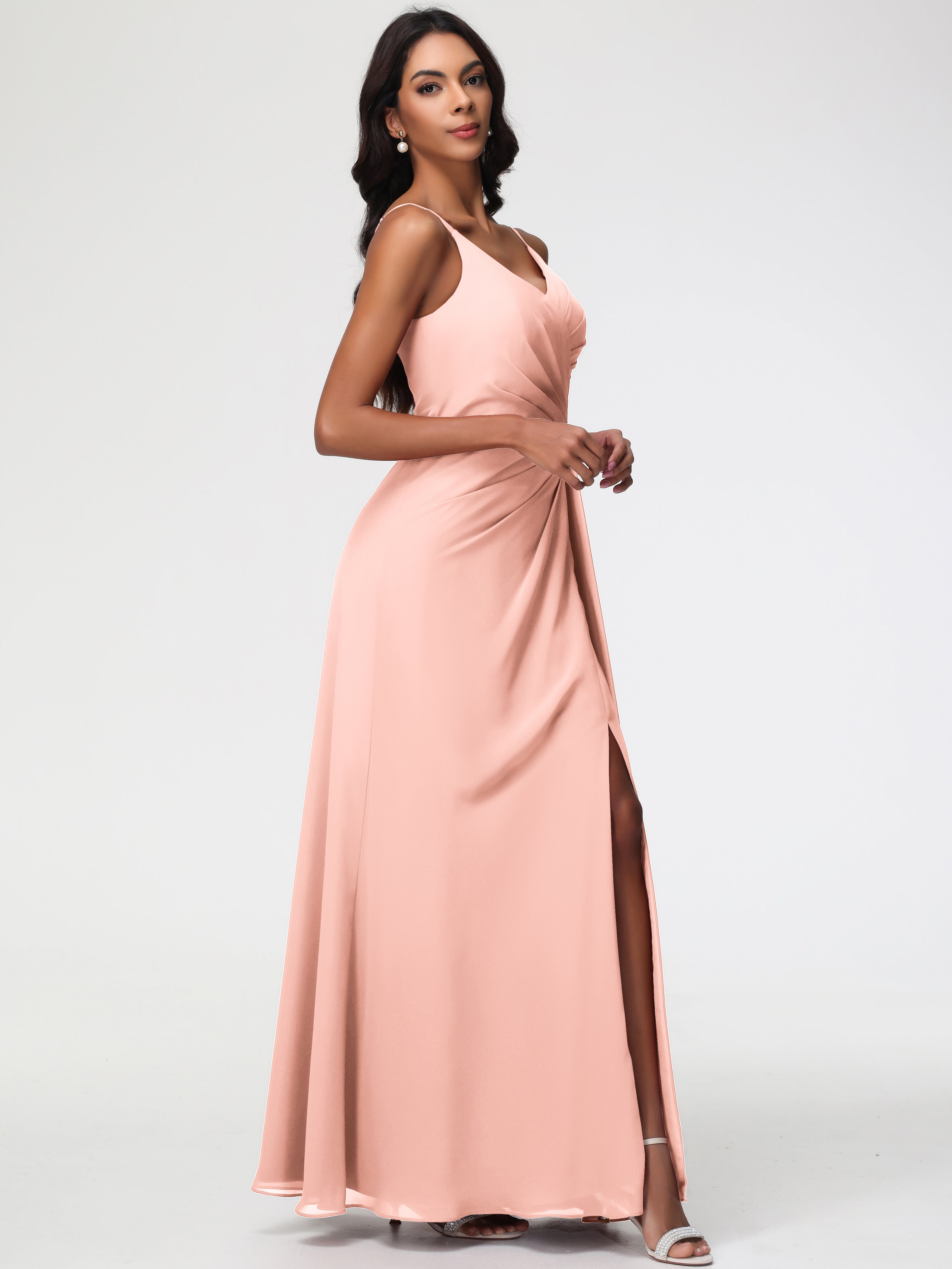 A-Line V-Neck Sleeveless Spaghetti Straps Pleats Chiffon Bridesmaid Dresses With Split