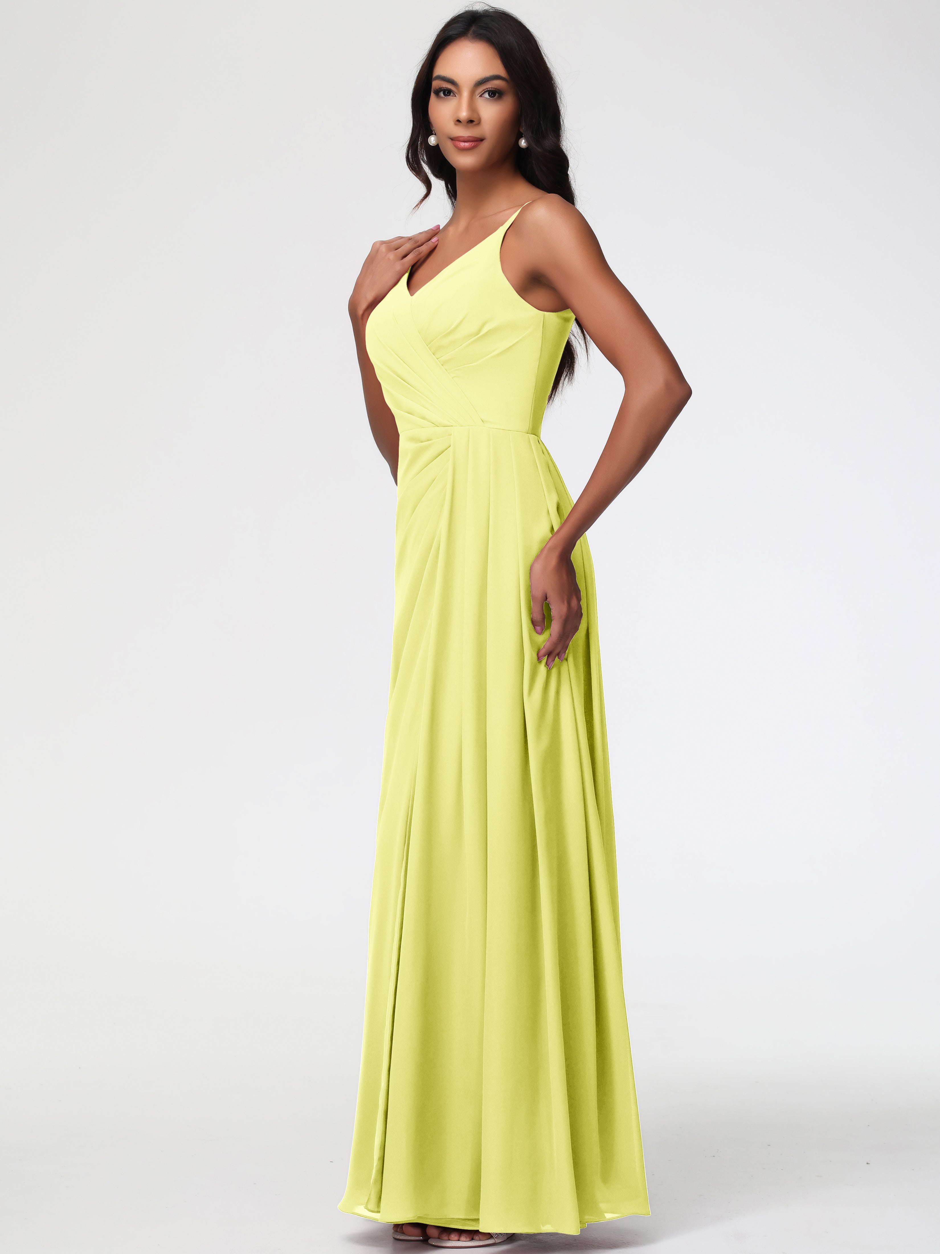 A-Line V-Neck Sleeveless Spaghetti Straps Pleats Chiffon Bridesmaid Dresses With Split