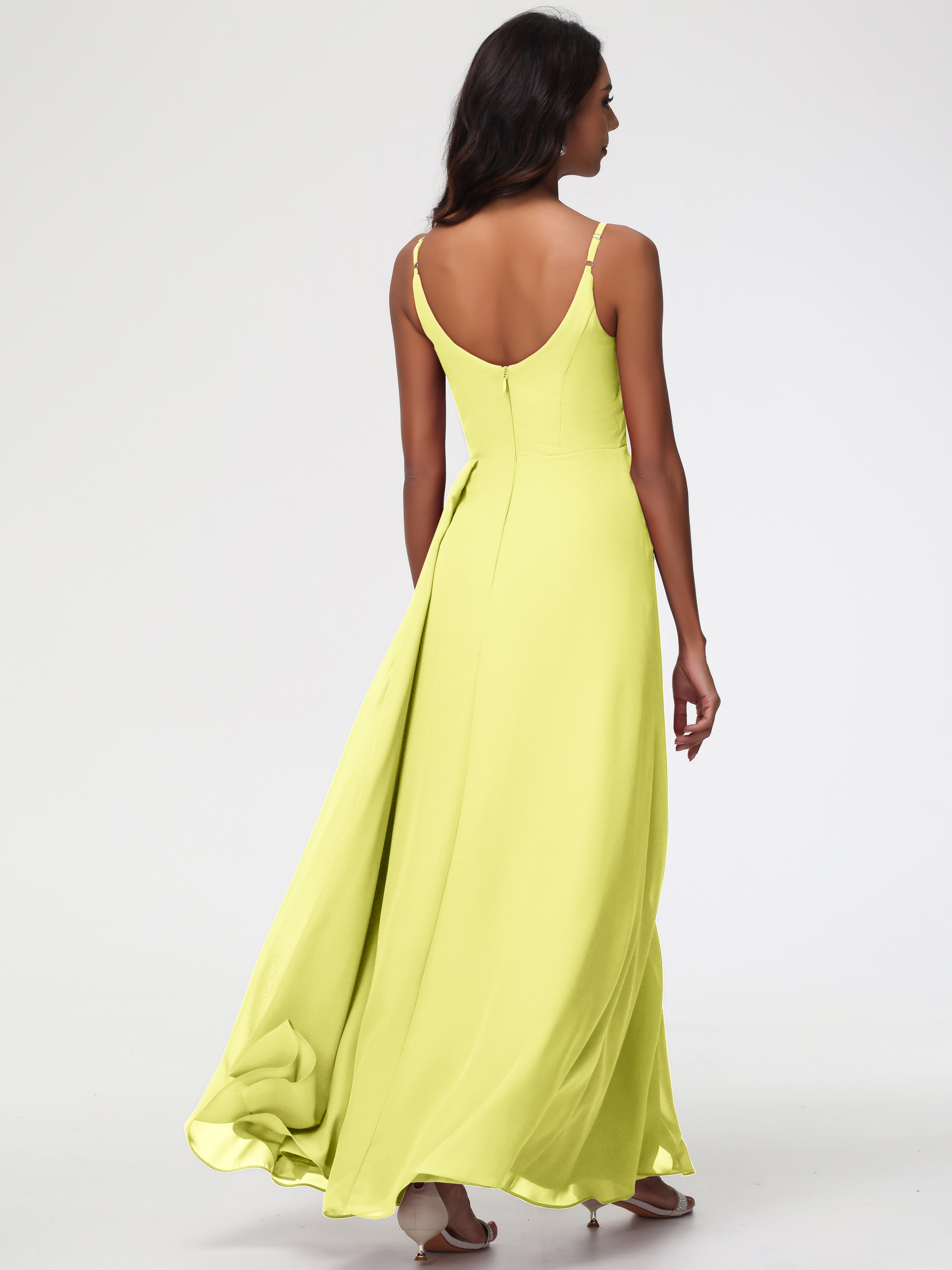 A-Line V-Neck Sleeveless Spaghetti Straps Pleats Chiffon Bridesmaid Dresses With Split