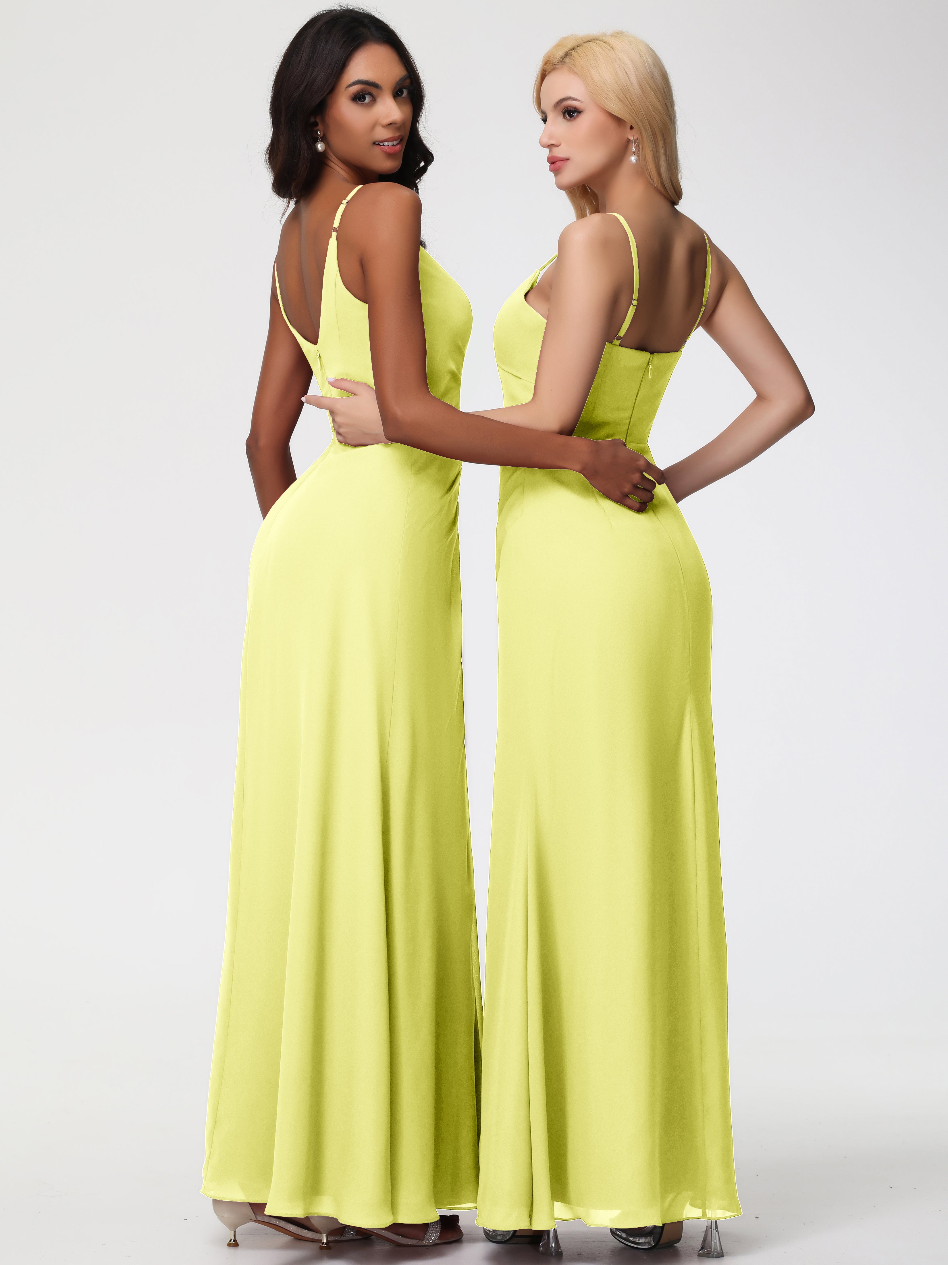 A-Line V-Neck Sleeveless Spaghetti Straps Pleats Chiffon Bridesmaid Dresses With Split