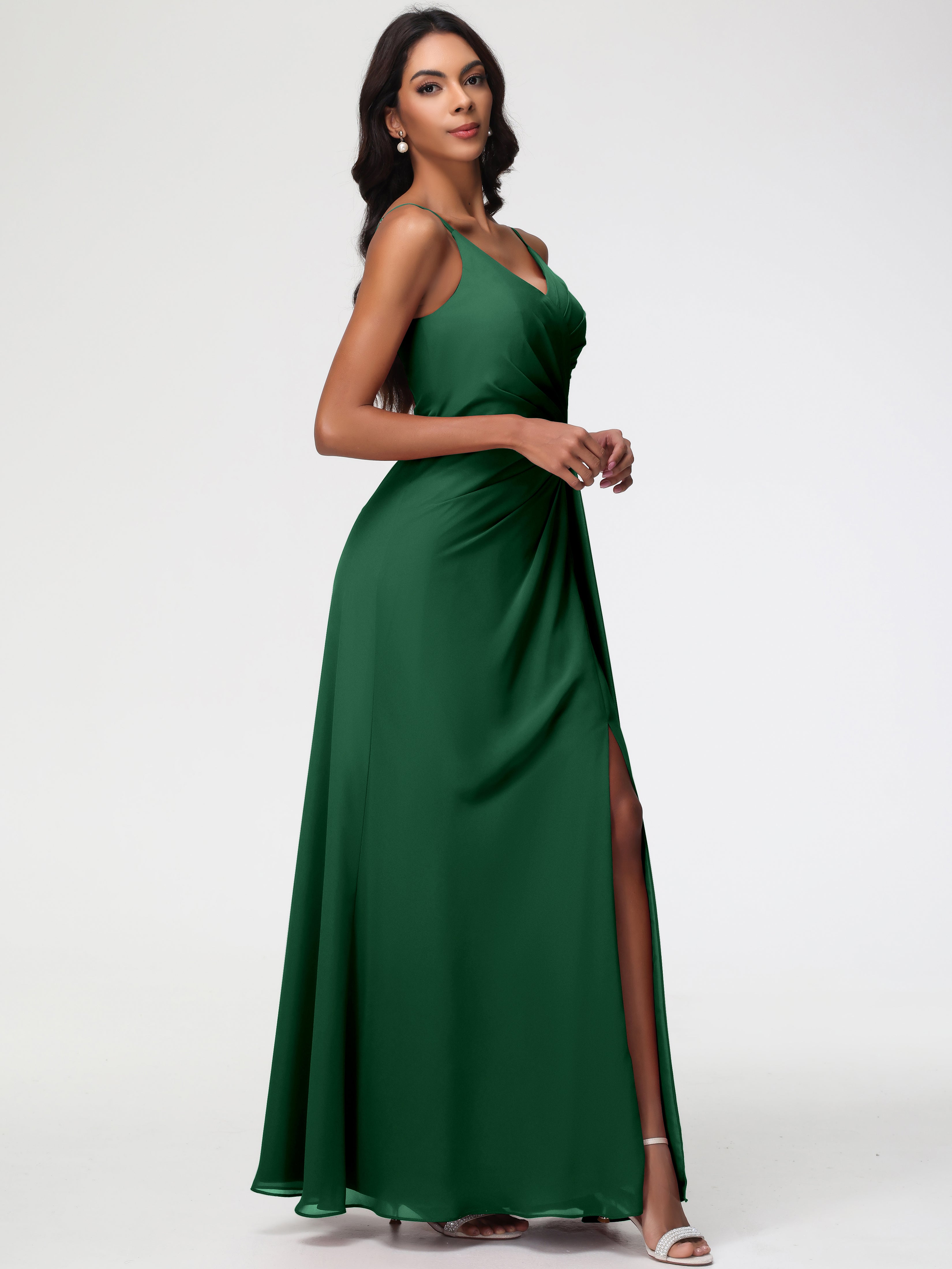 A-Line V-Neck Sleeveless Spaghetti Straps Pleats Chiffon Bridesmaid Dresses With Split