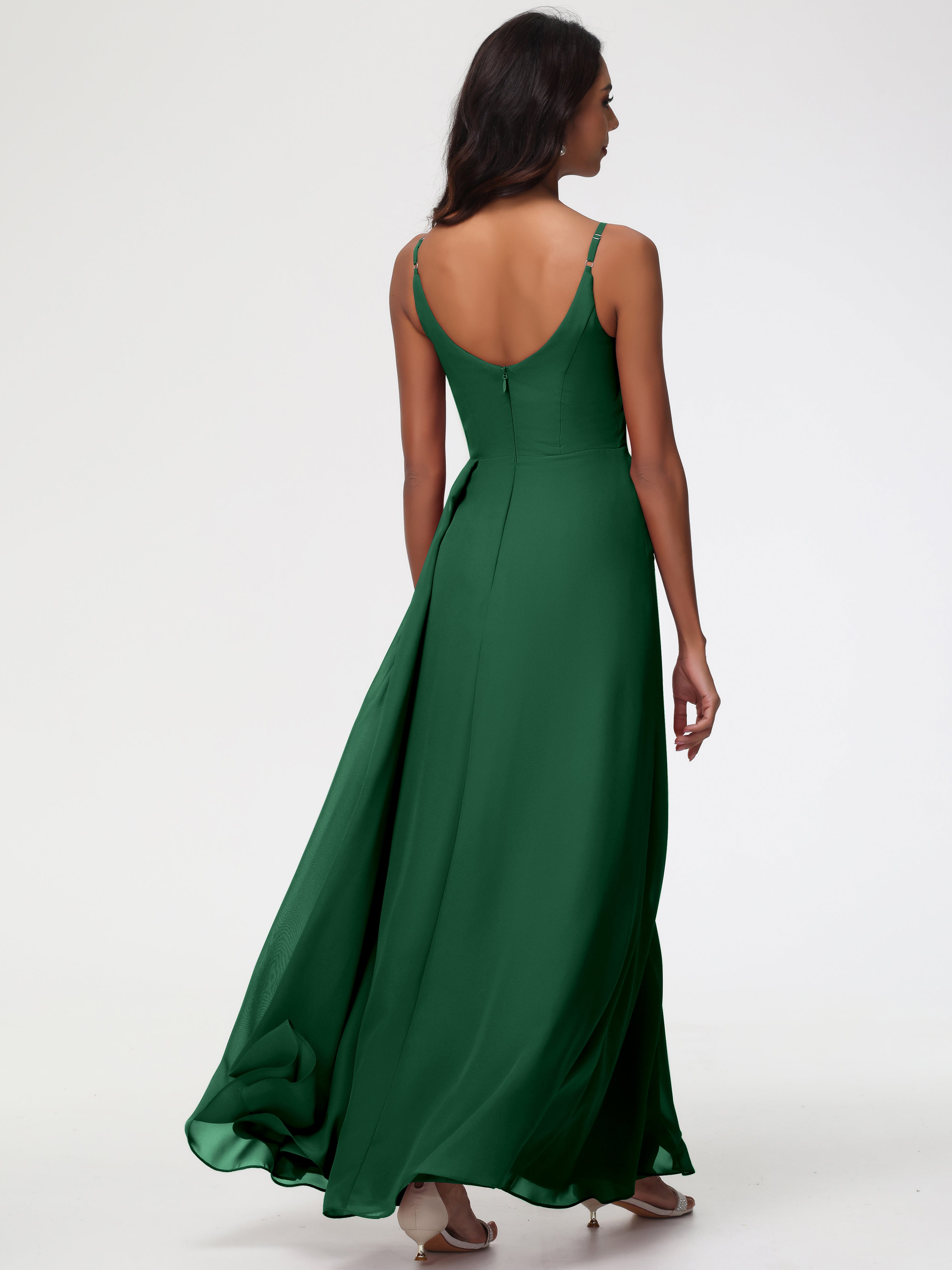 A-Line V-Neck Sleeveless Spaghetti Straps Pleats Chiffon Bridesmaid Dresses With Split