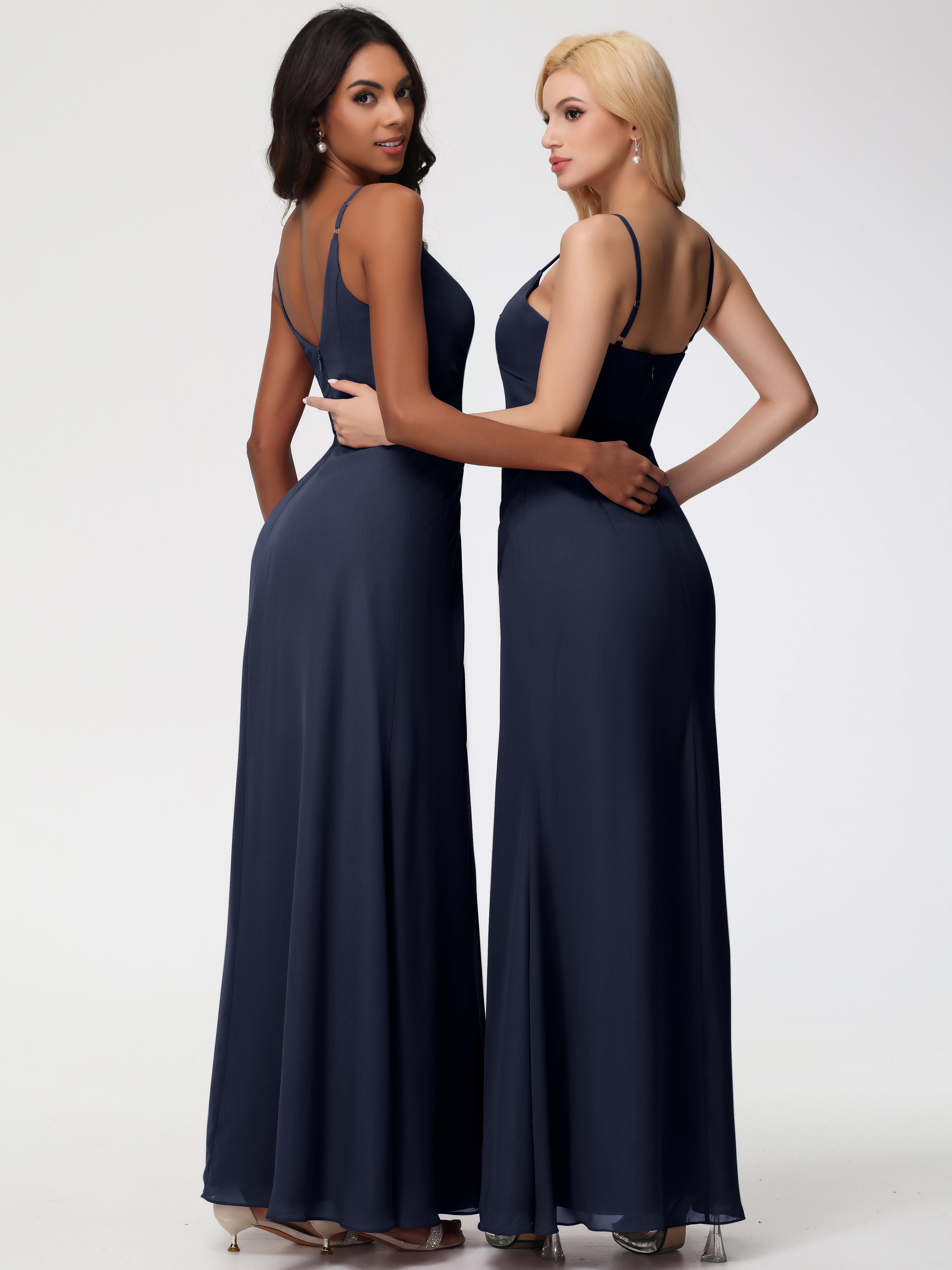 A-Line V-Neck Sleeveless Spaghetti Straps Pleats Chiffon Bridesmaid Dresses With Split