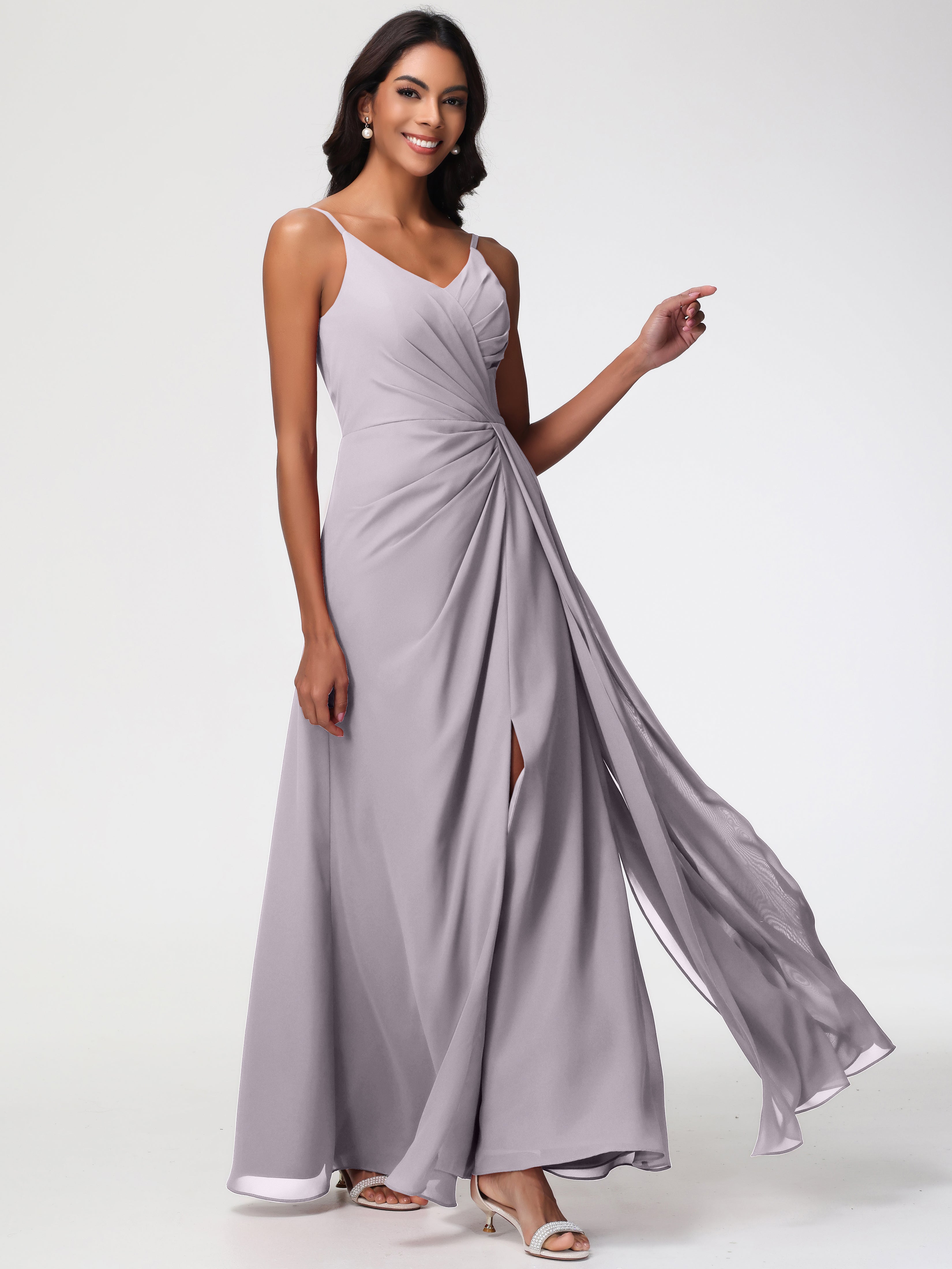 A-Line V-Neck Sleeveless Spaghetti Straps Pleats Chiffon Bridesmaid Dresses With Split