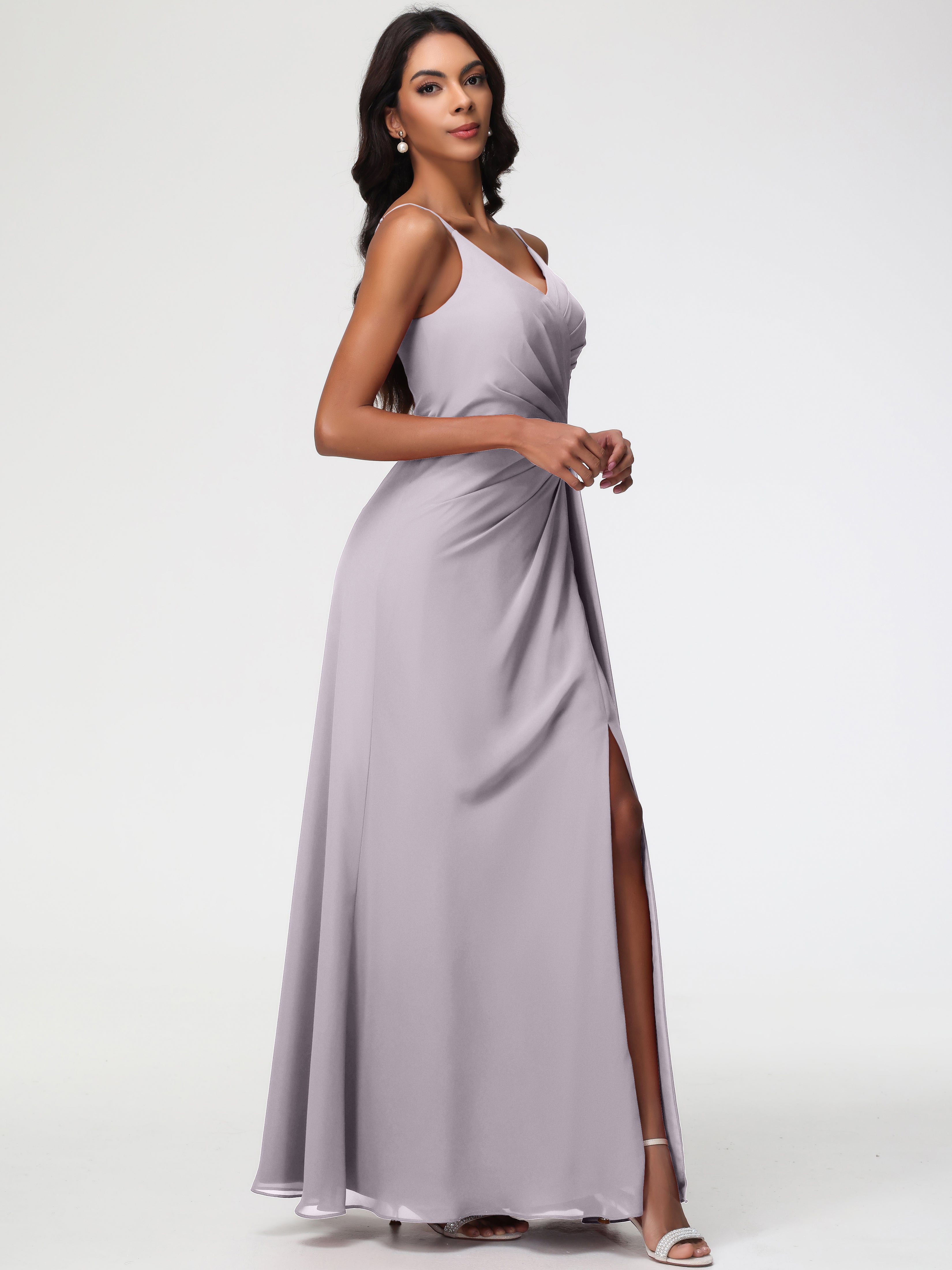 A-Line V-Neck Sleeveless Spaghetti Straps Pleats Chiffon Bridesmaid Dresses With Split