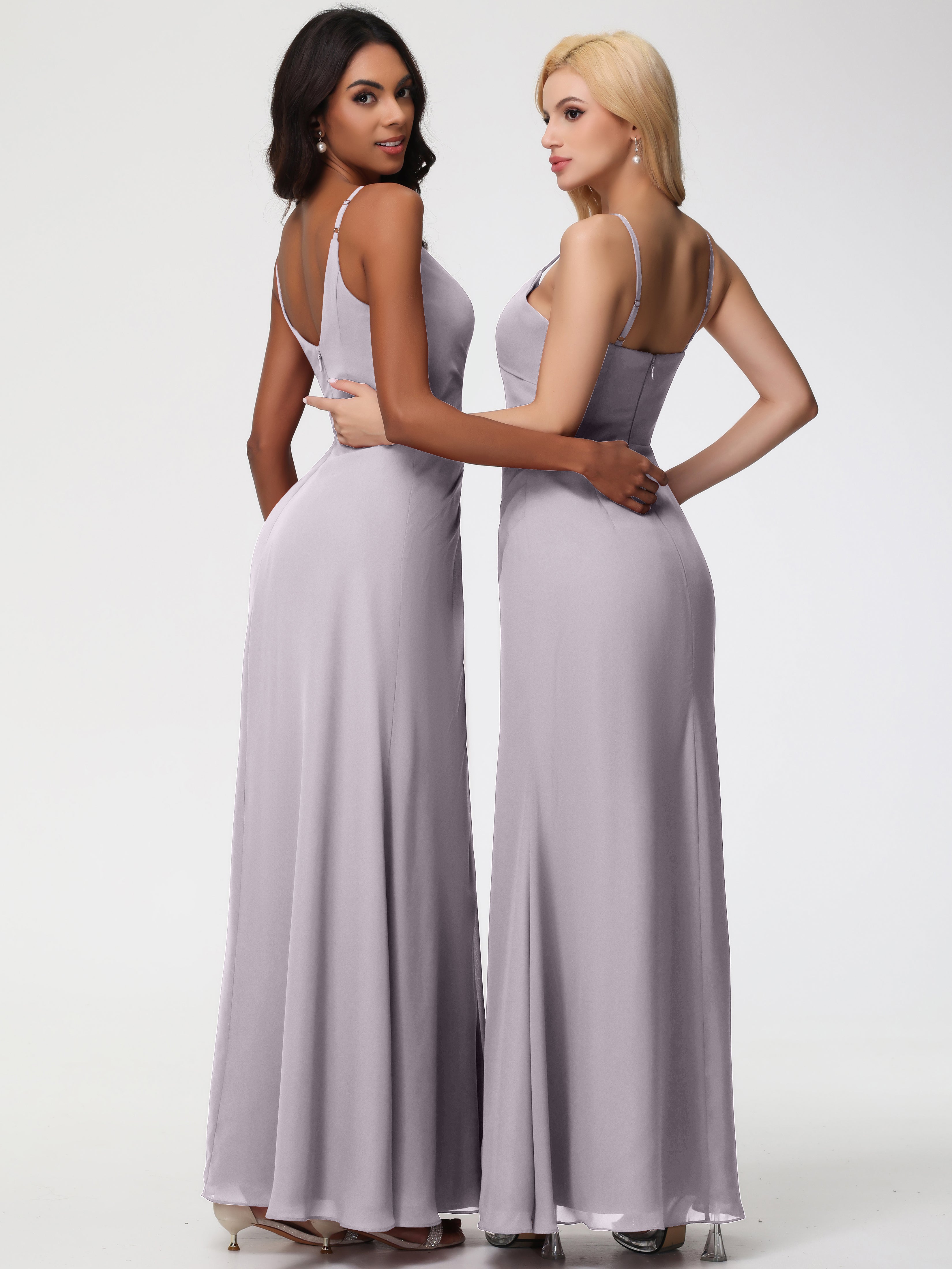 A-Line V-Neck Sleeveless Spaghetti Straps Pleats Chiffon Bridesmaid Dresses With Split