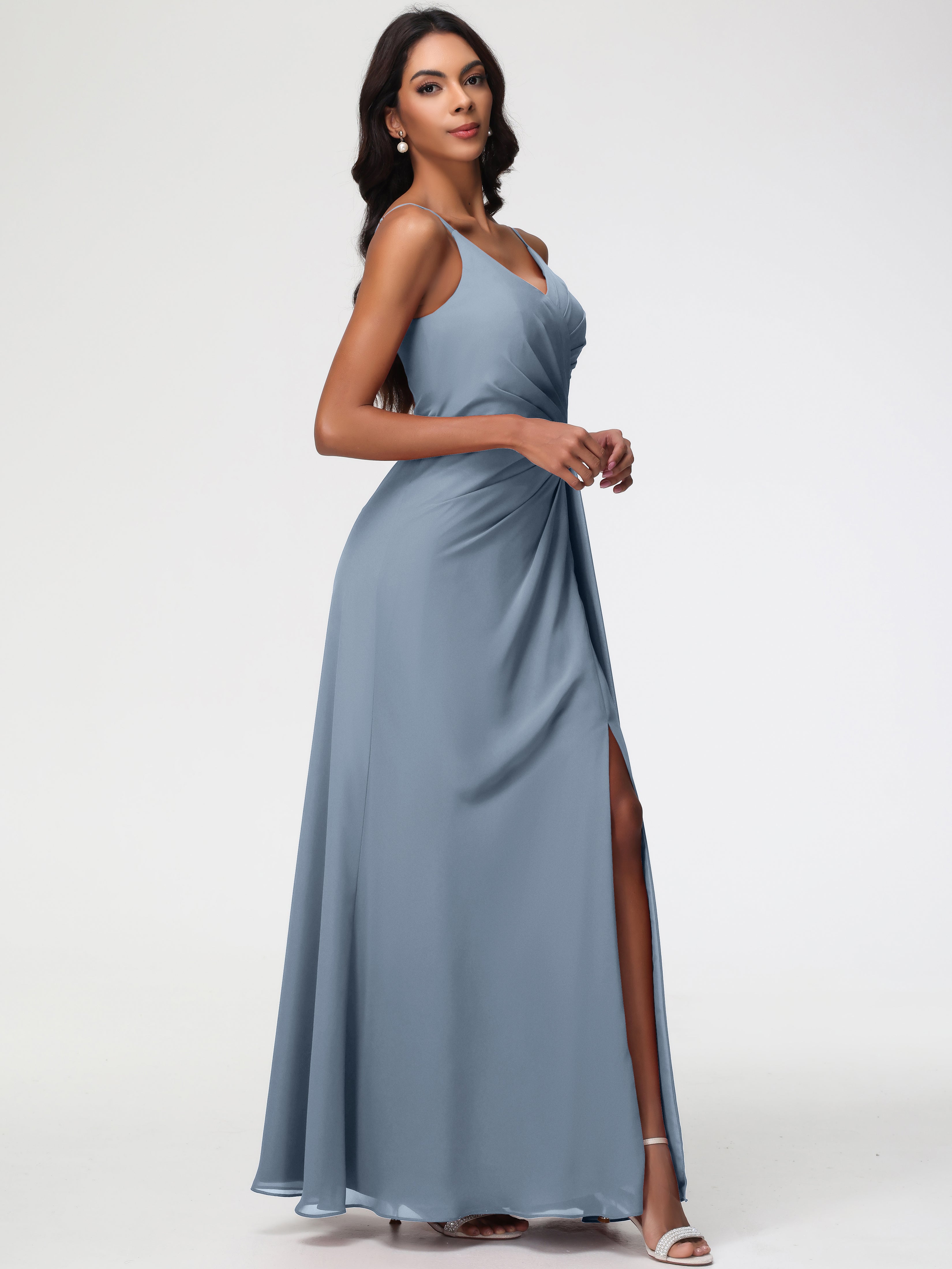 A-Line V-Neck Sleeveless Spaghetti Straps Pleats Chiffon Bridesmaid Dresses With Split