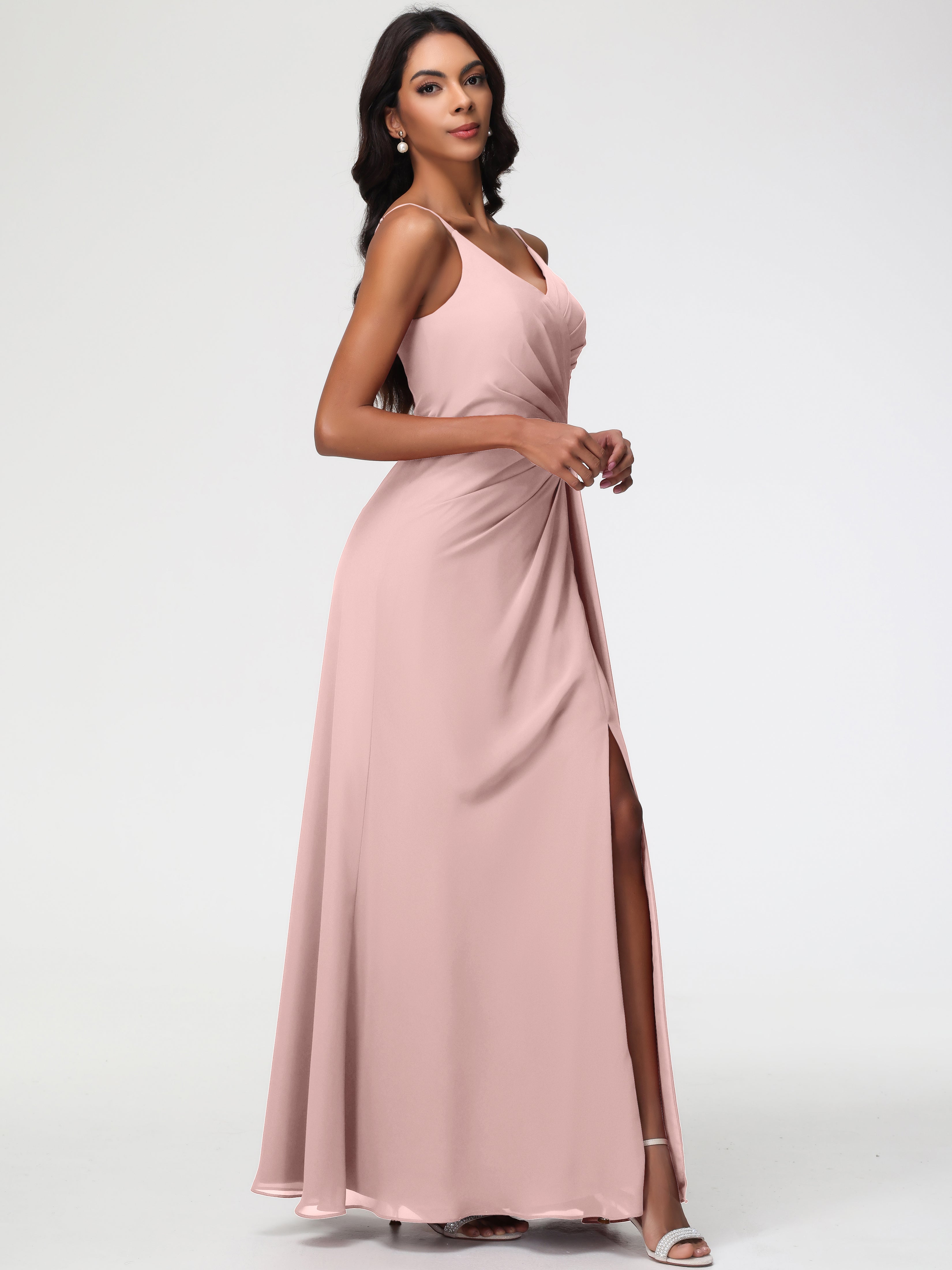 A-Line V-Neck Sleeveless Spaghetti Straps Pleats Chiffon Bridesmaid Dresses With Split