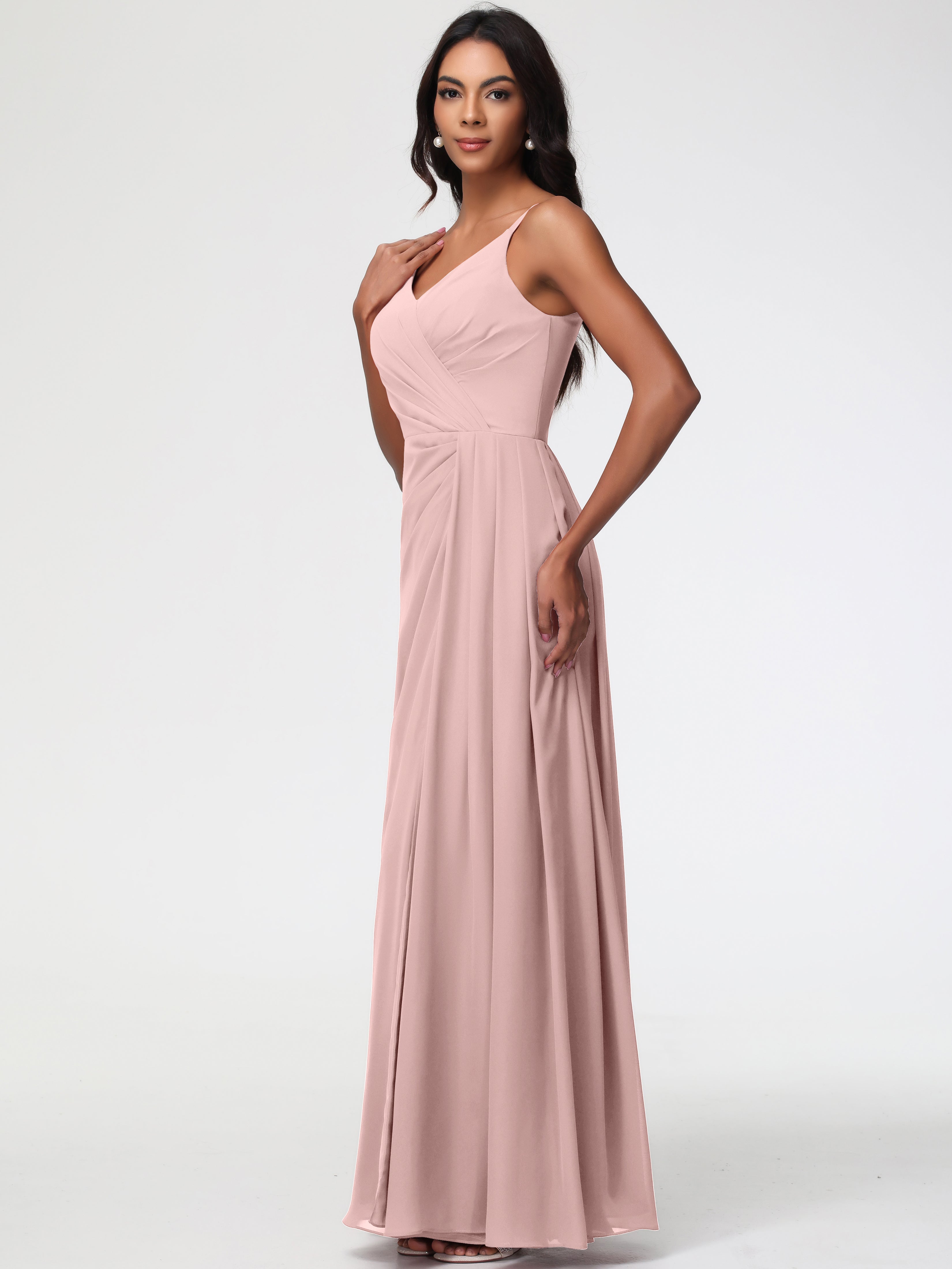 A-Line V-Neck Sleeveless Spaghetti Straps Pleats Chiffon Bridesmaid Dresses With Split