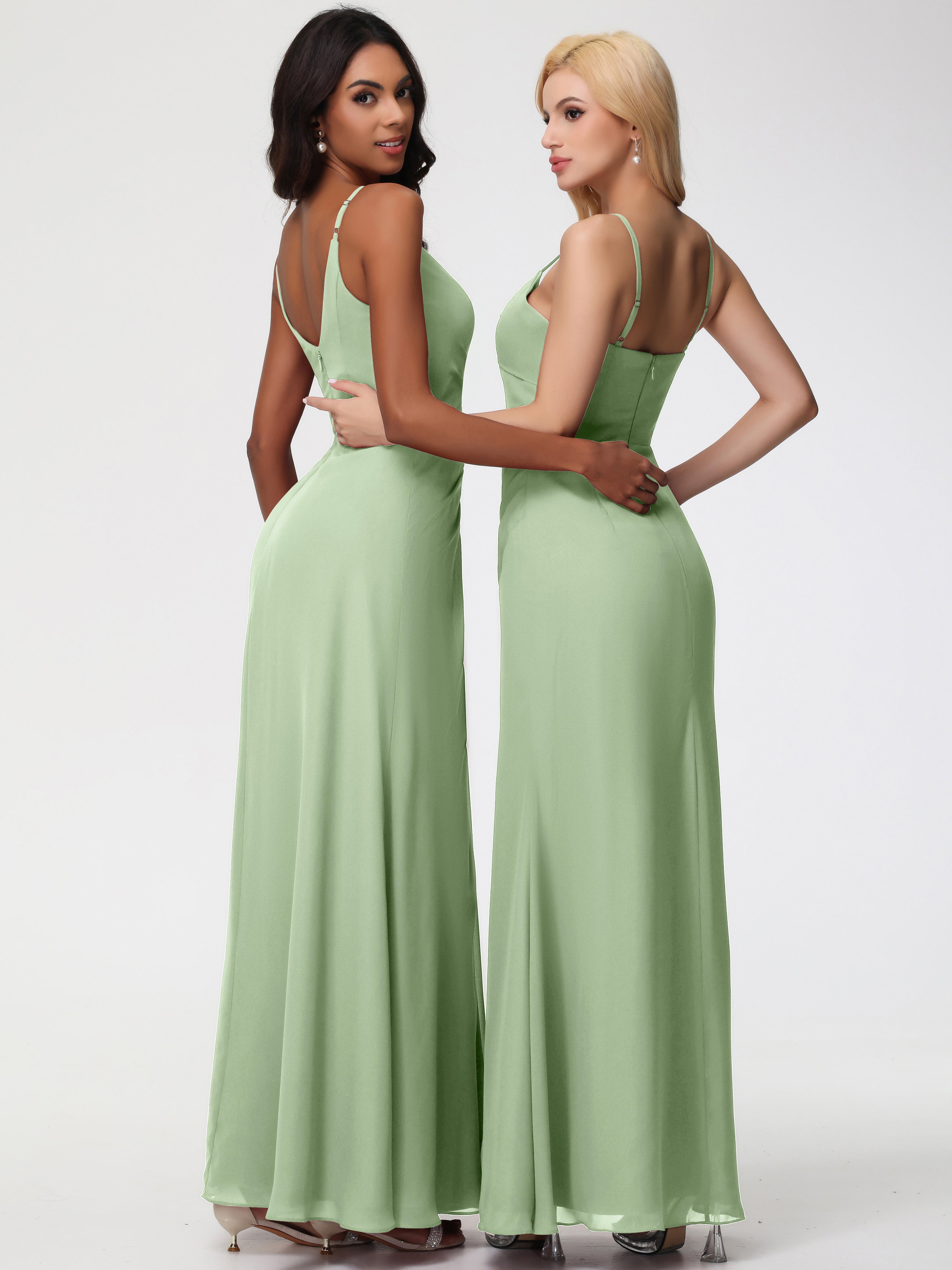 A-Line V-Neck Sleeveless Spaghetti Straps Pleats Chiffon Bridesmaid Dresses With Split