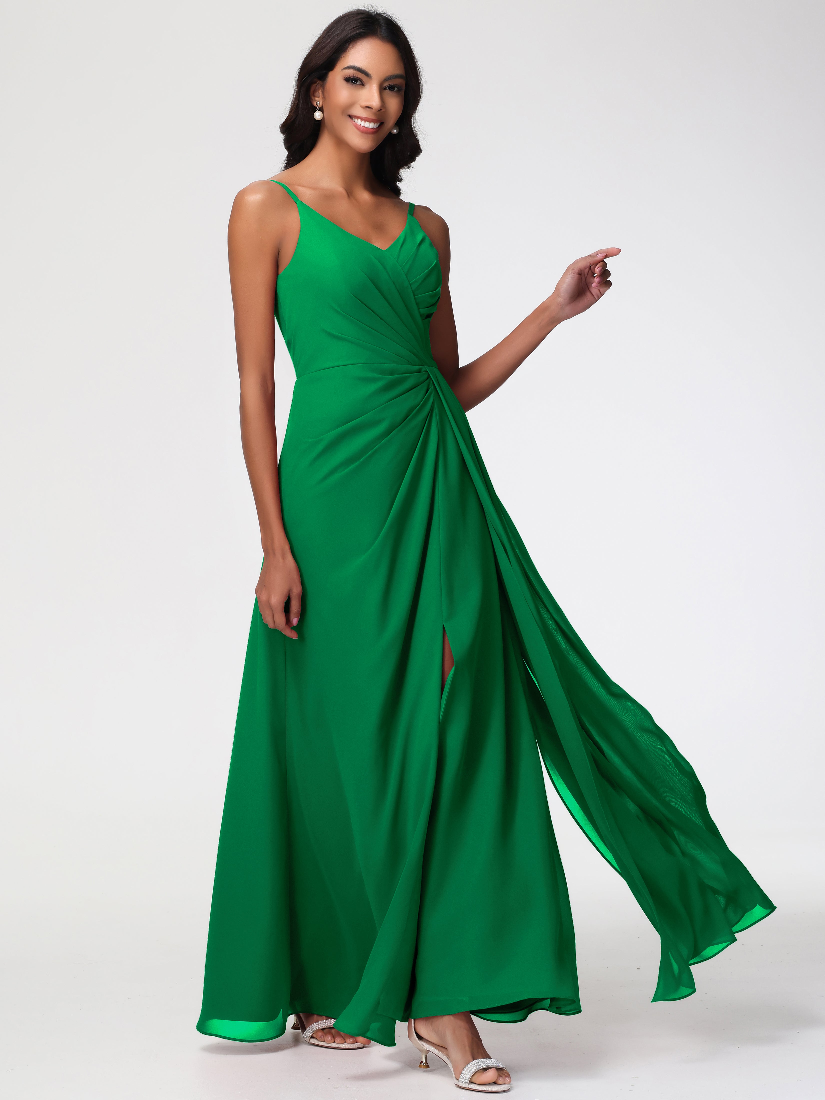 A-Line V-Neck Sleeveless Spaghetti Straps Pleats Chiffon Bridesmaid Dresses With Split