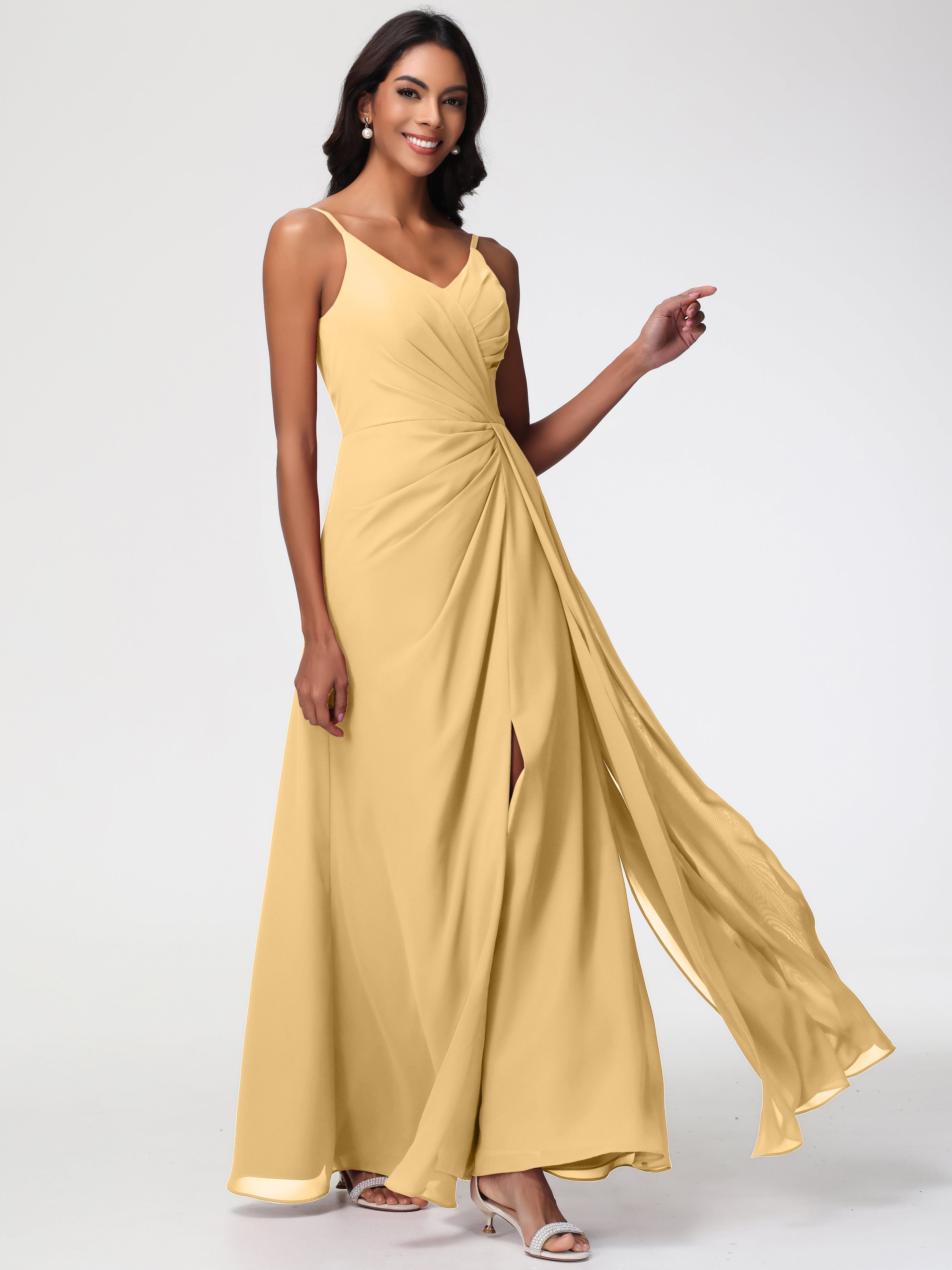 A-Line V-Neck Sleeveless Spaghetti Straps Pleats Chiffon Bridesmaid Dresses With Split