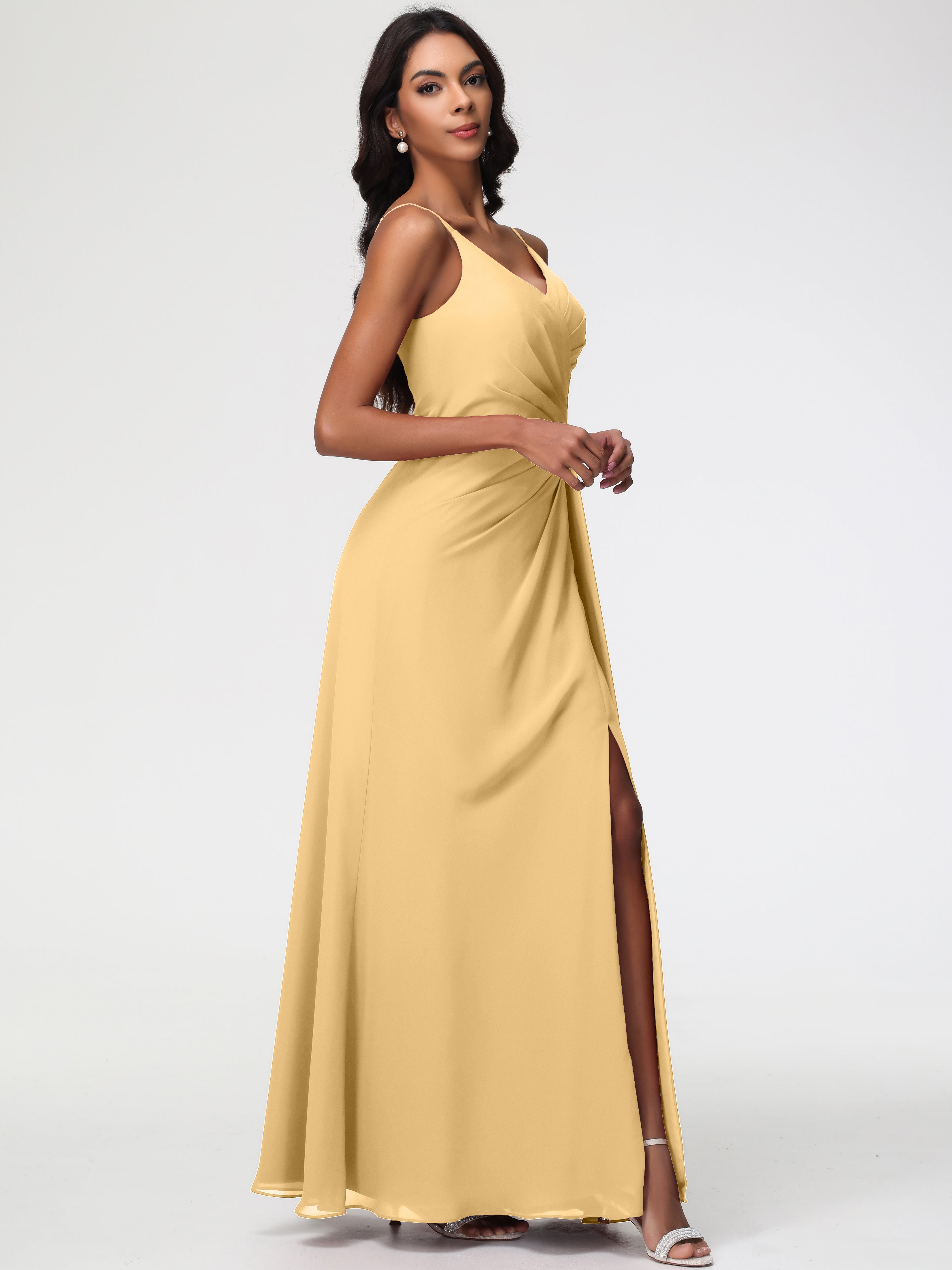 A-Line V-Neck Sleeveless Spaghetti Straps Pleats Chiffon Bridesmaid Dresses With Split