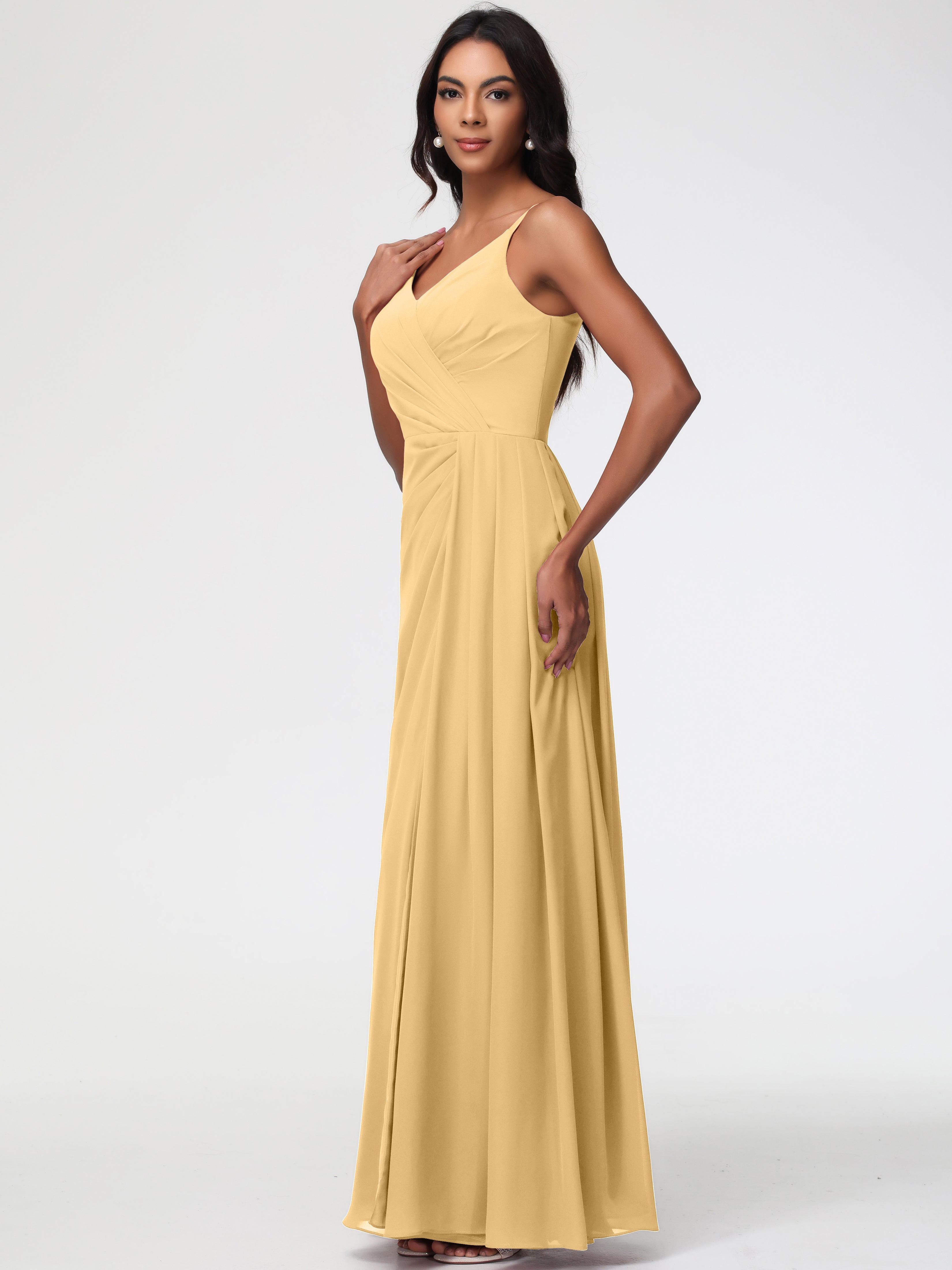 A-Line V-Neck Sleeveless Spaghetti Straps Pleats Chiffon Bridesmaid Dresses With Split