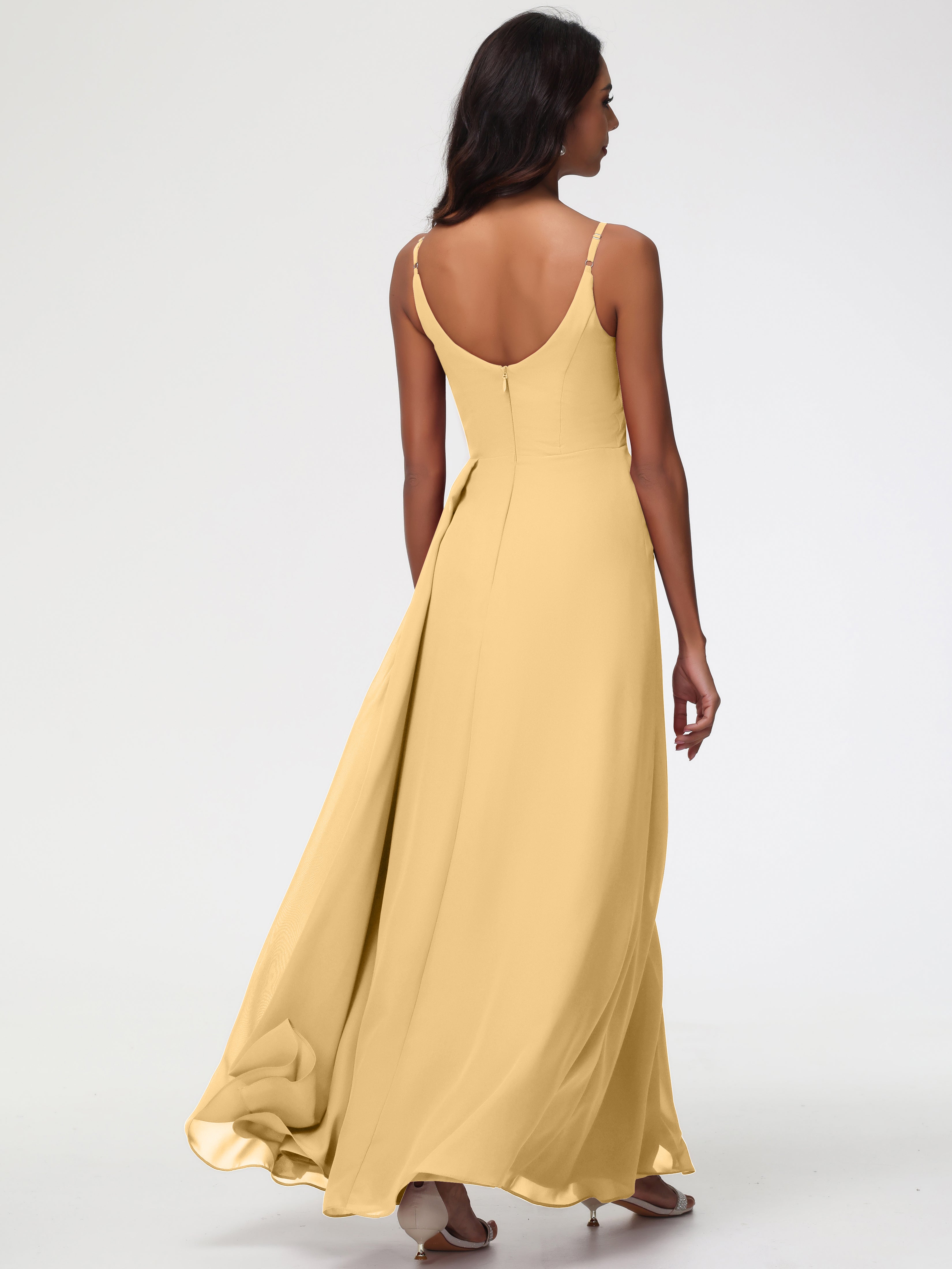 A-Line V-Neck Sleeveless Spaghetti Straps Pleats Chiffon Bridesmaid Dresses With Split