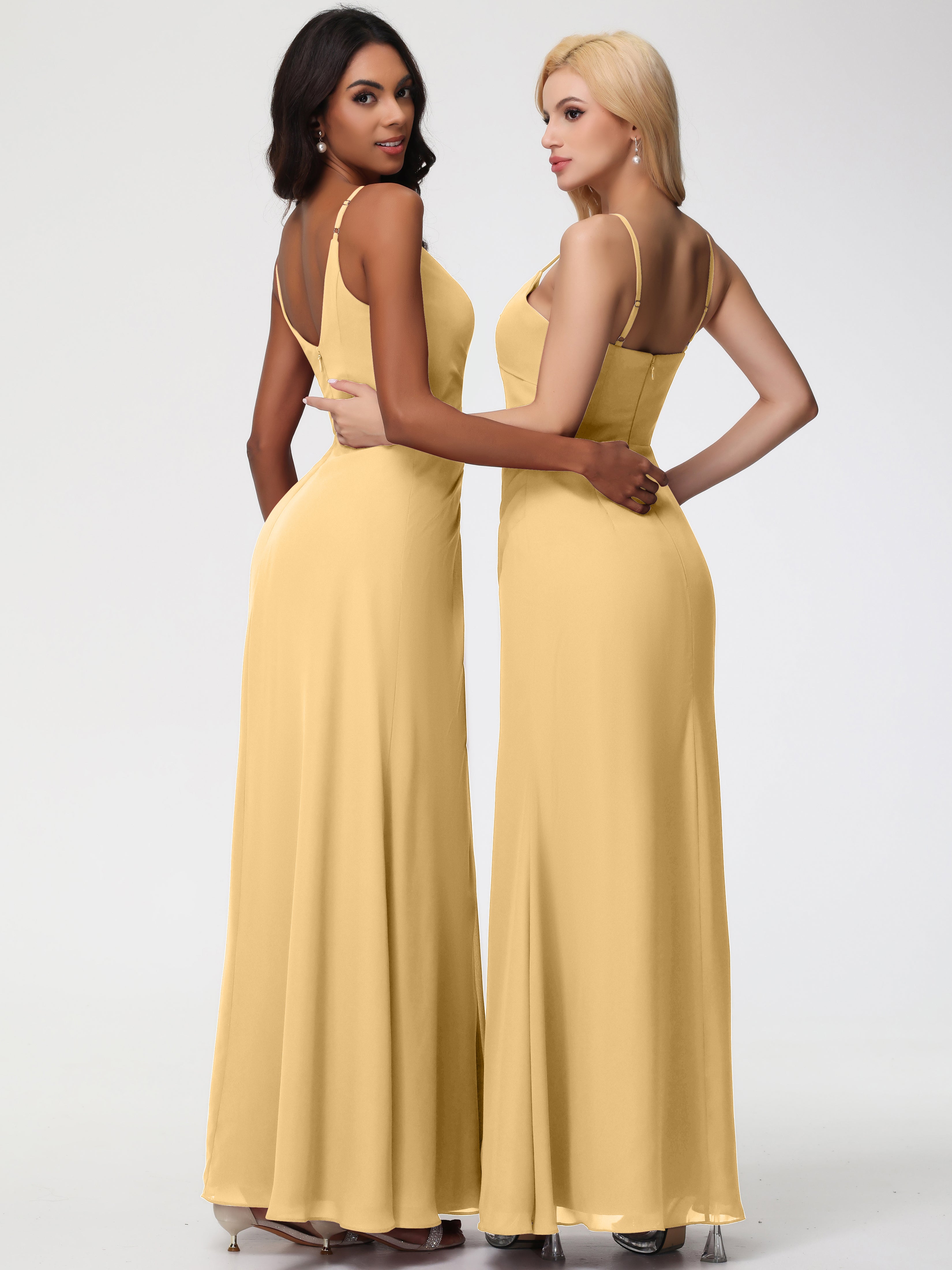 A-Line V-Neck Sleeveless Spaghetti Straps Pleats Chiffon Bridesmaid Dresses With Split