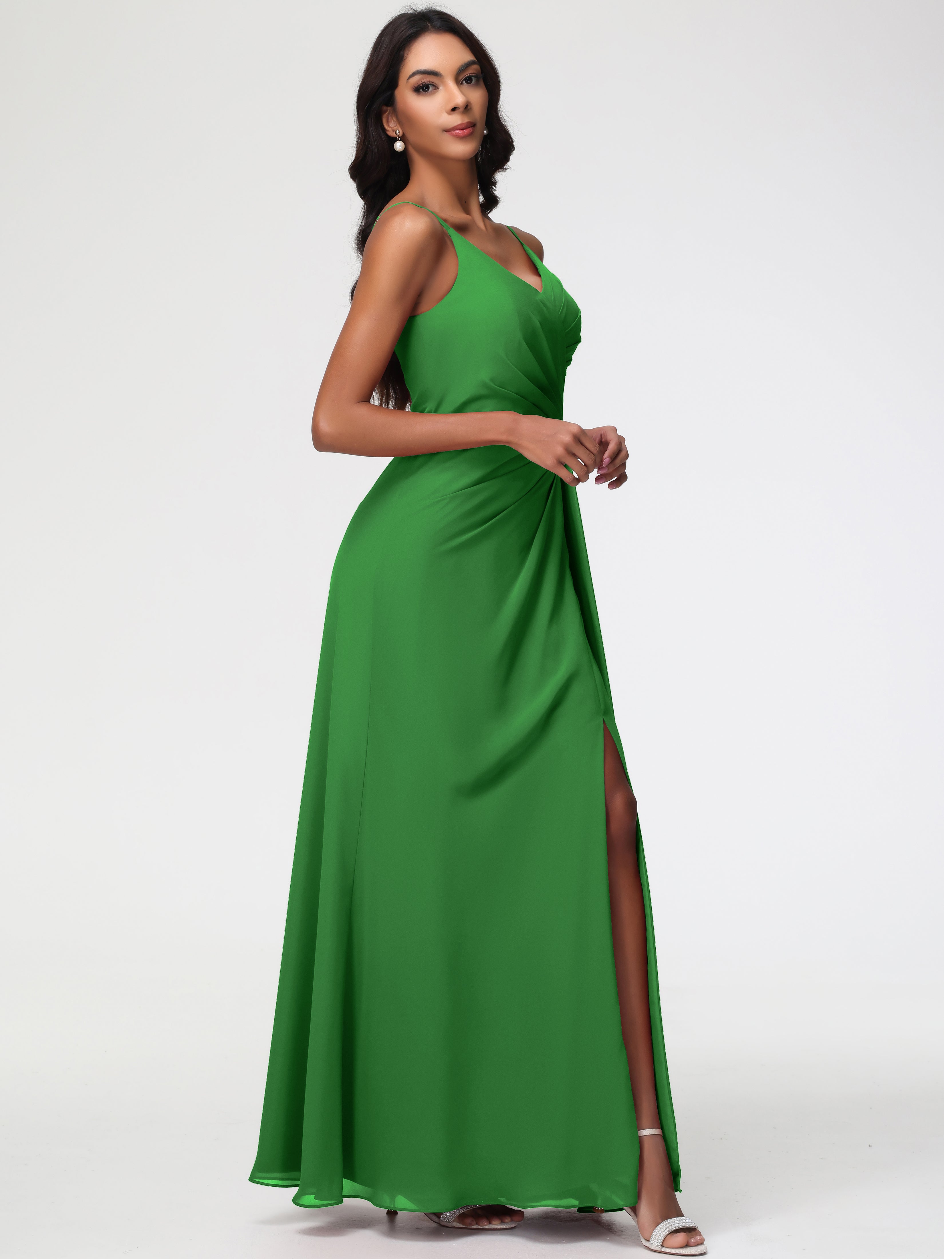 A-Line V-Neck Sleeveless Spaghetti Straps Pleats Chiffon Bridesmaid Dresses With Split