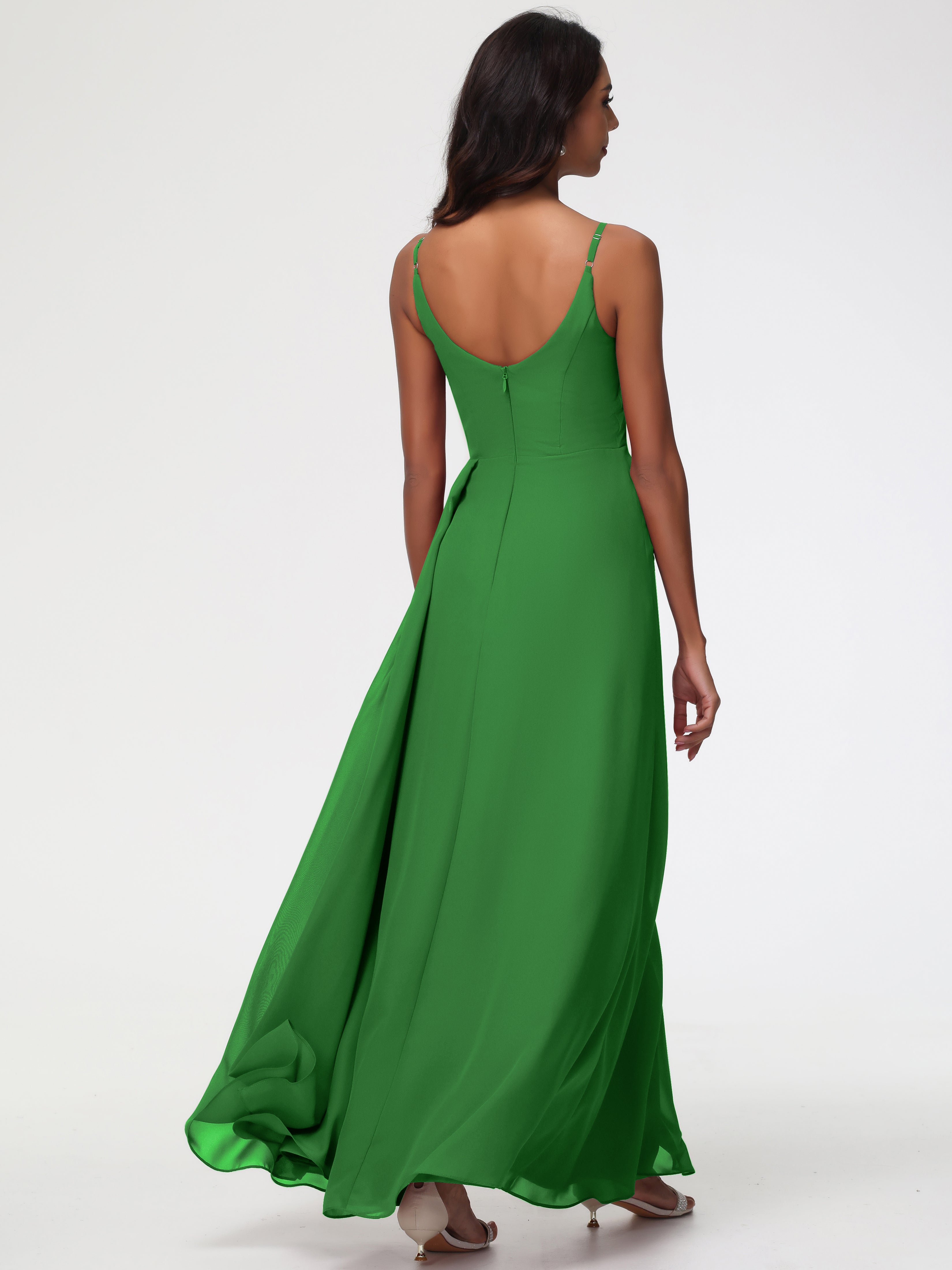 A-Line V-Neck Sleeveless Spaghetti Straps Pleats Chiffon Bridesmaid Dresses With Split