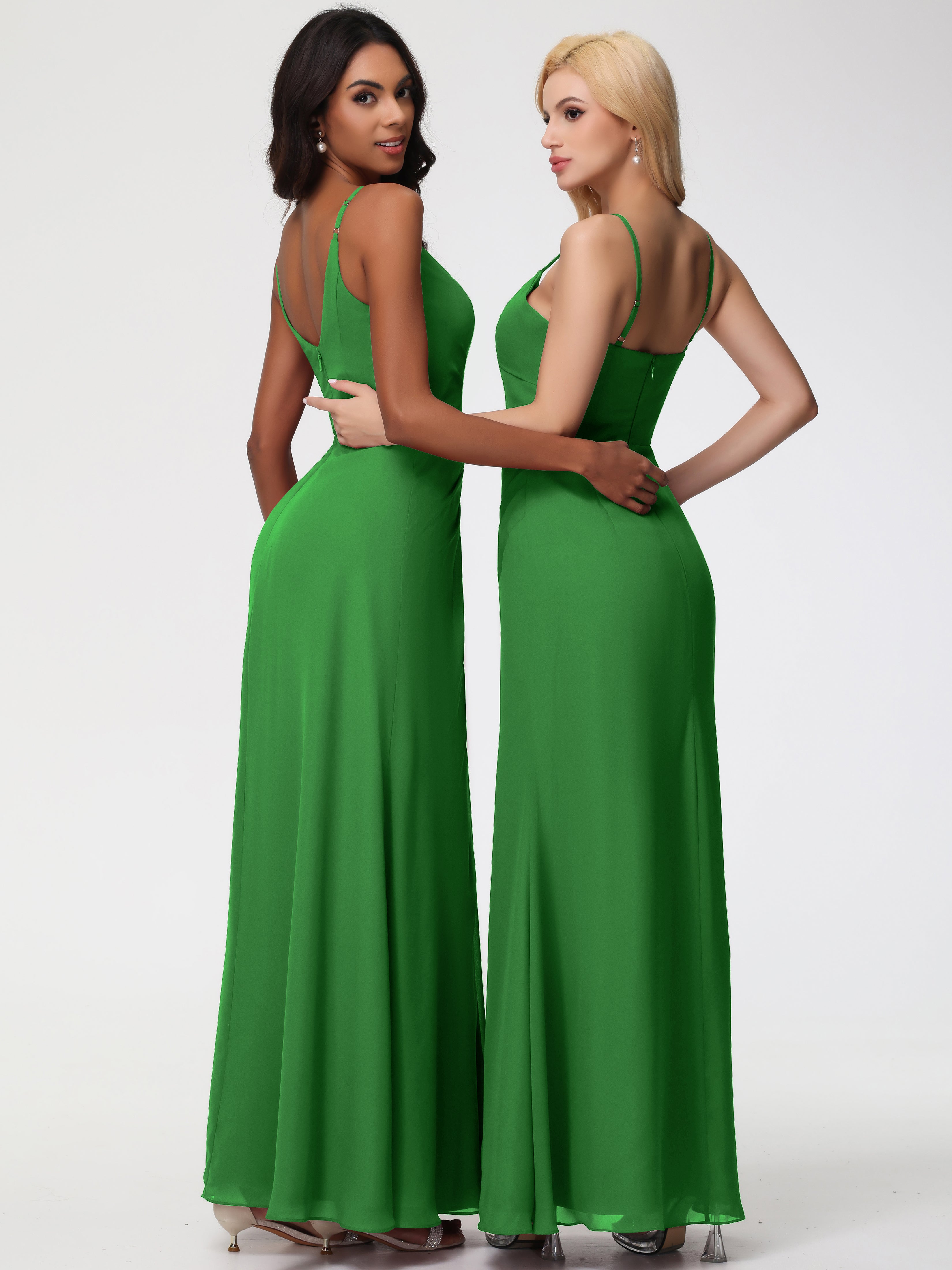 A-Line V-Neck Sleeveless Spaghetti Straps Pleats Chiffon Bridesmaid Dresses With Split