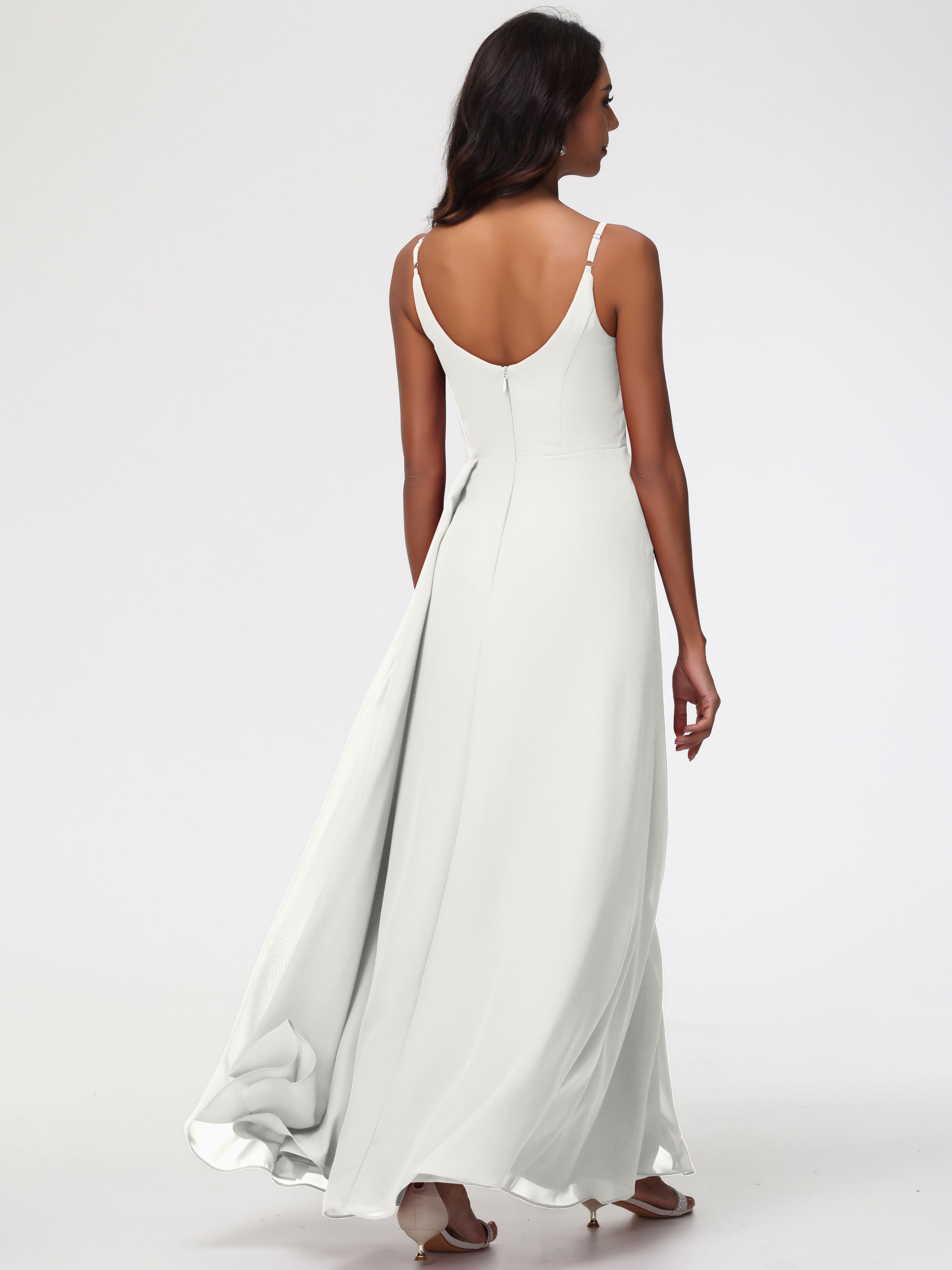 A-Line V-Neck Sleeveless Spaghetti Straps Pleats Chiffon Bridesmaid Dresses With Split