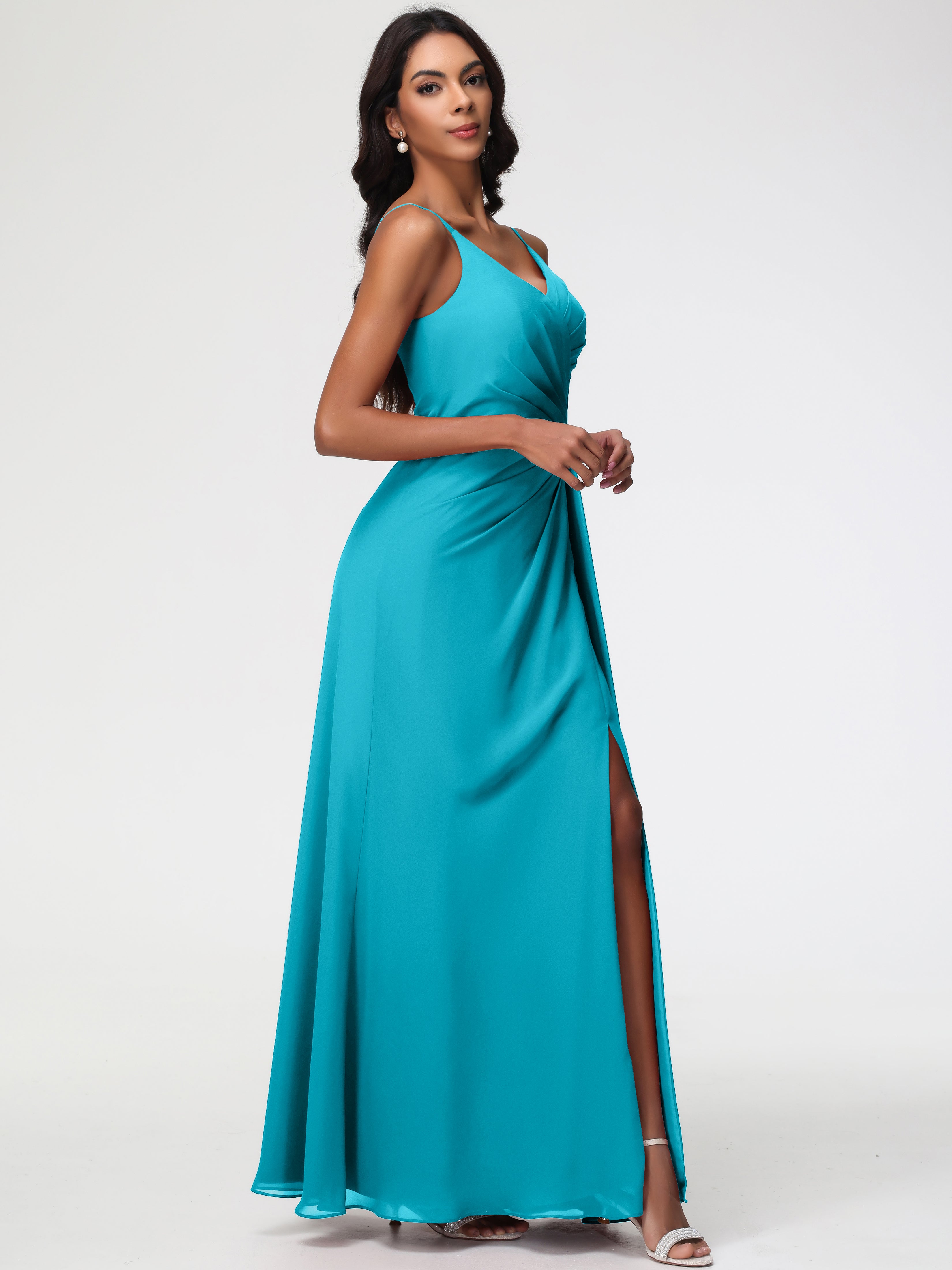 A-Line V-Neck Sleeveless Spaghetti Straps Pleats Chiffon Bridesmaid Dresses With Split