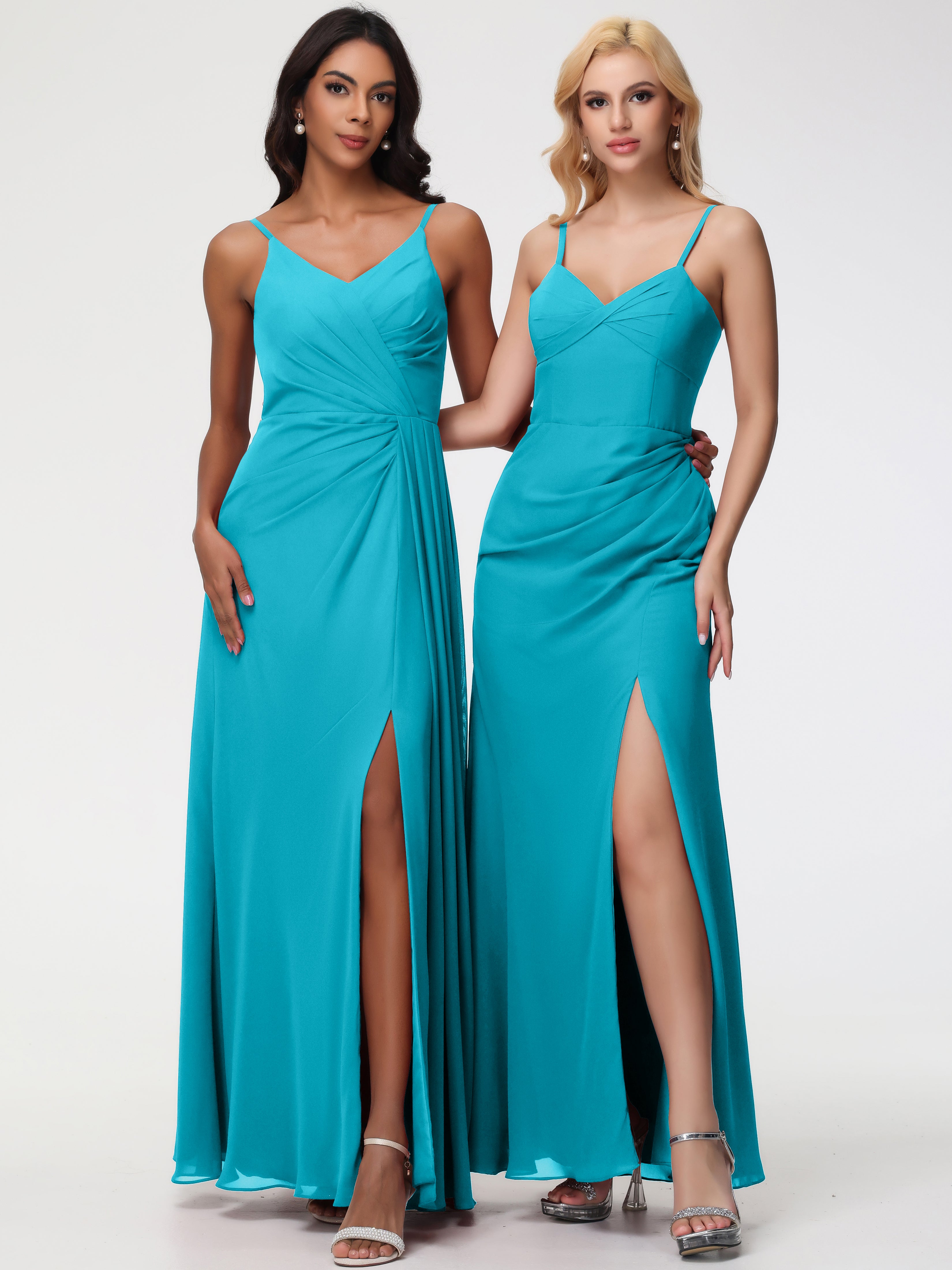 A-Line V-Neck Sleeveless Spaghetti Straps Pleats Chiffon Bridesmaid Dresses With Split
