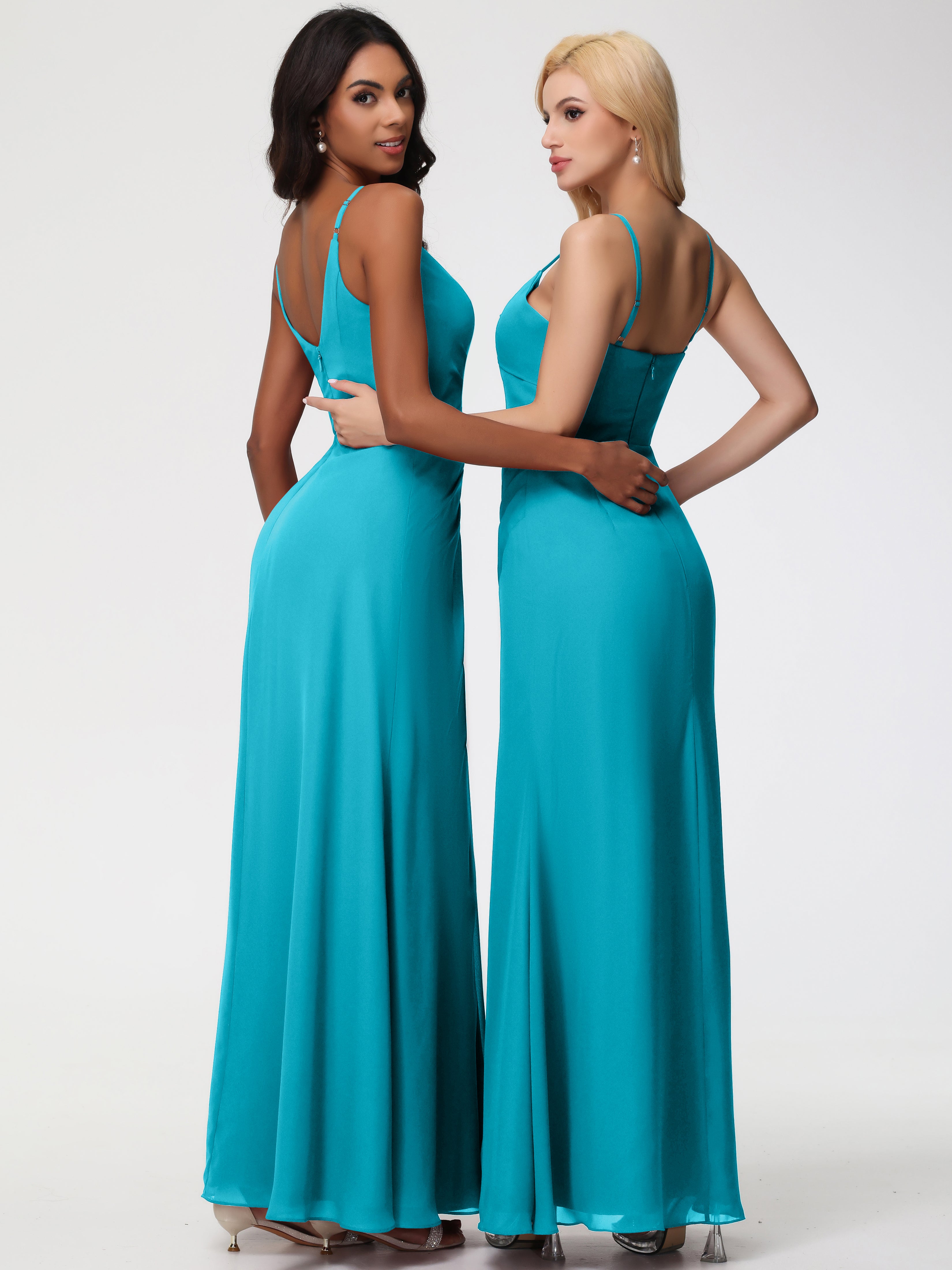 A-Line V-Neck Sleeveless Spaghetti Straps Pleats Chiffon Bridesmaid Dresses With Split