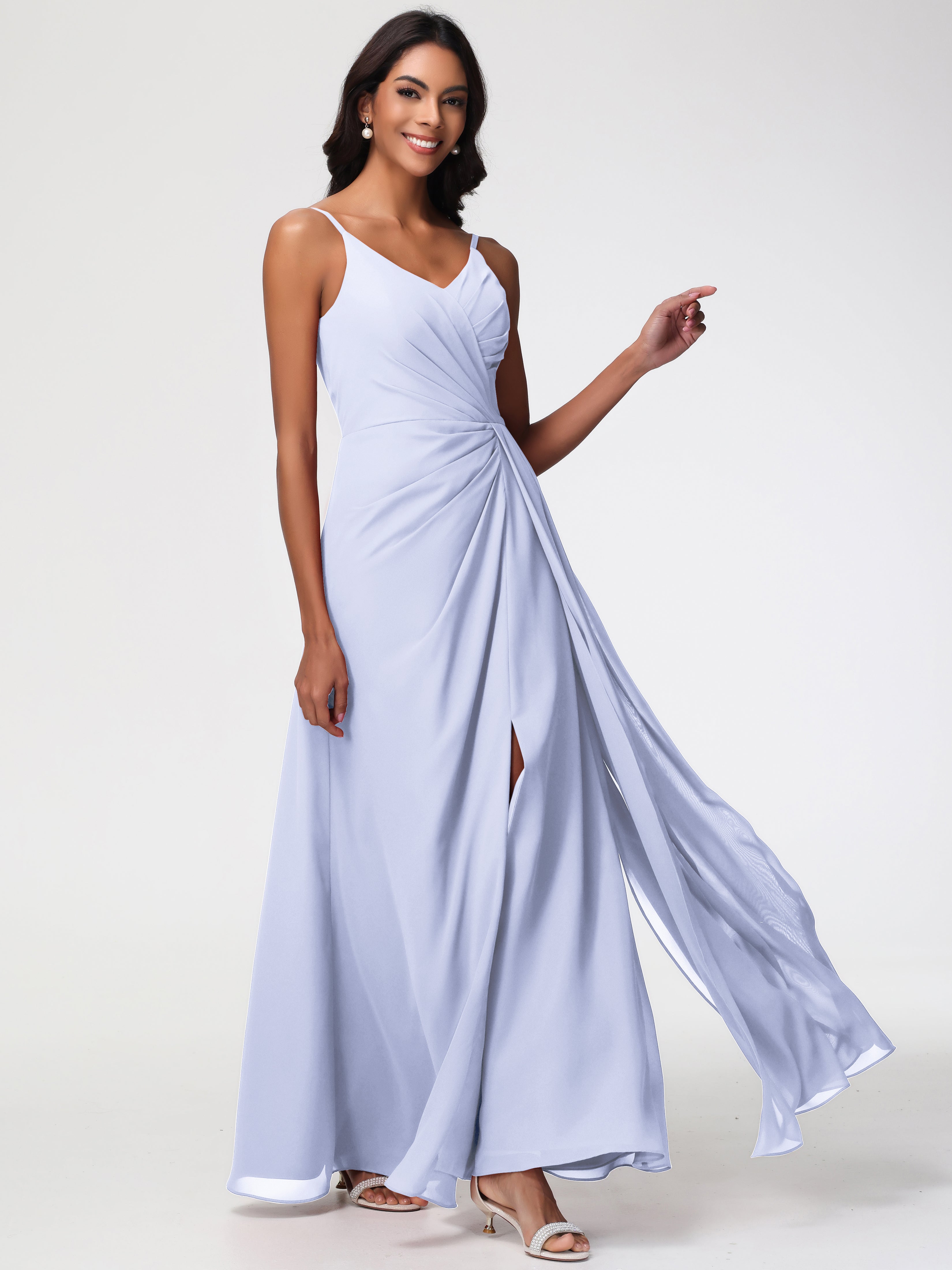 A-Line V-Neck Sleeveless Spaghetti Straps Pleats Chiffon Bridesmaid Dresses With Split