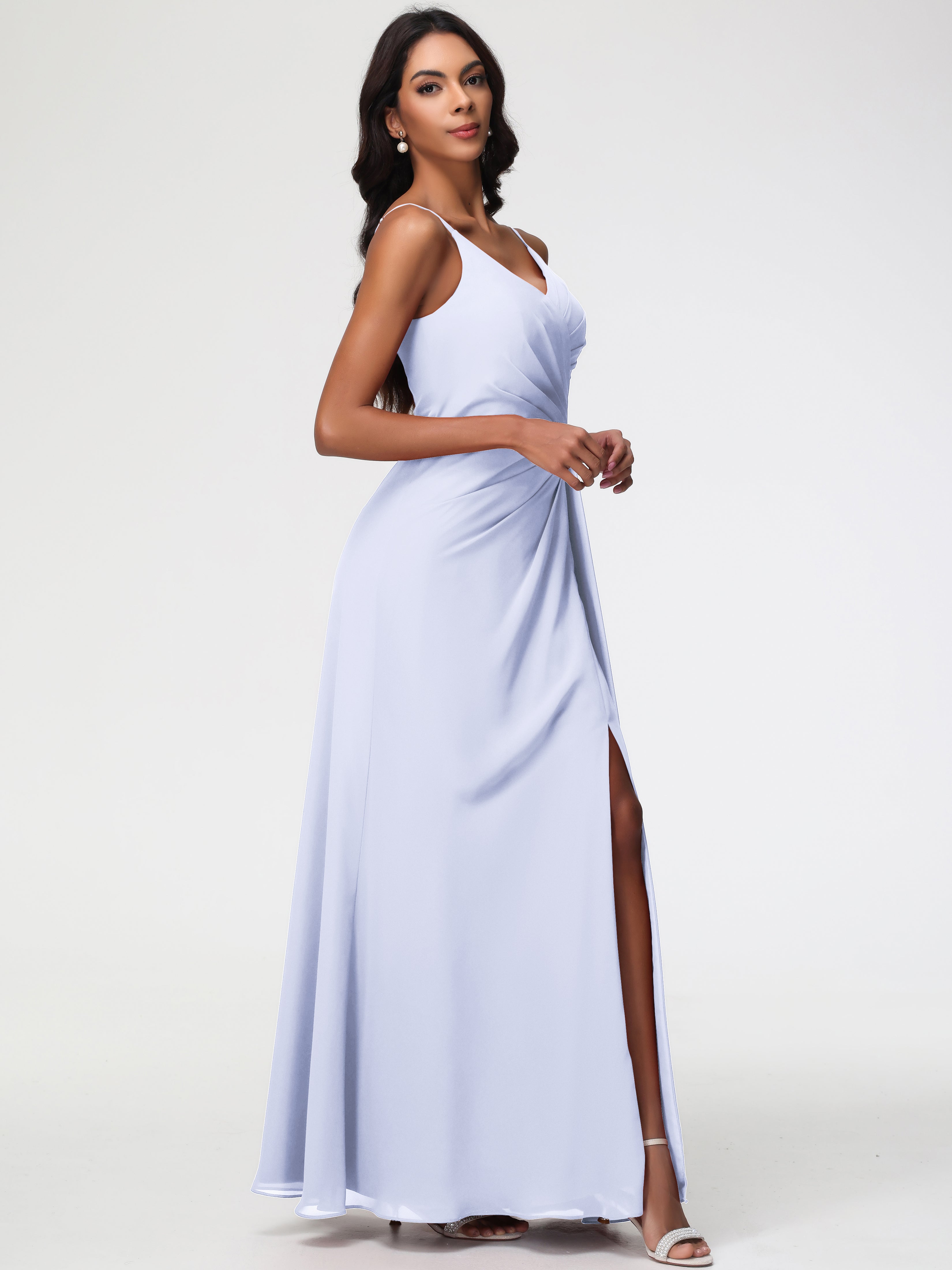 A-Line V-Neck Sleeveless Spaghetti Straps Pleats Chiffon Bridesmaid Dresses With Split