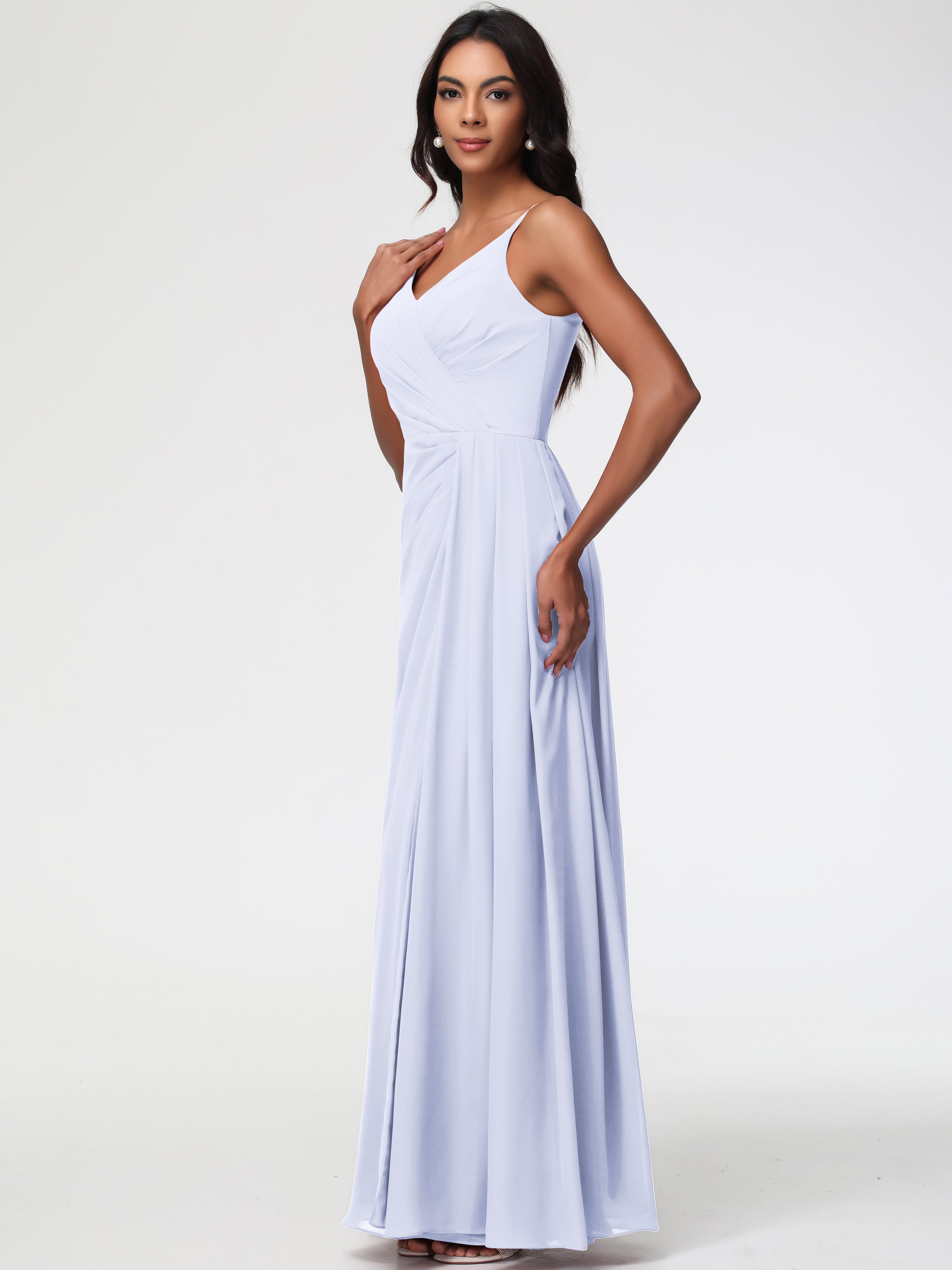 A-Line V-Neck Sleeveless Spaghetti Straps Pleats Chiffon Bridesmaid Dresses With Split