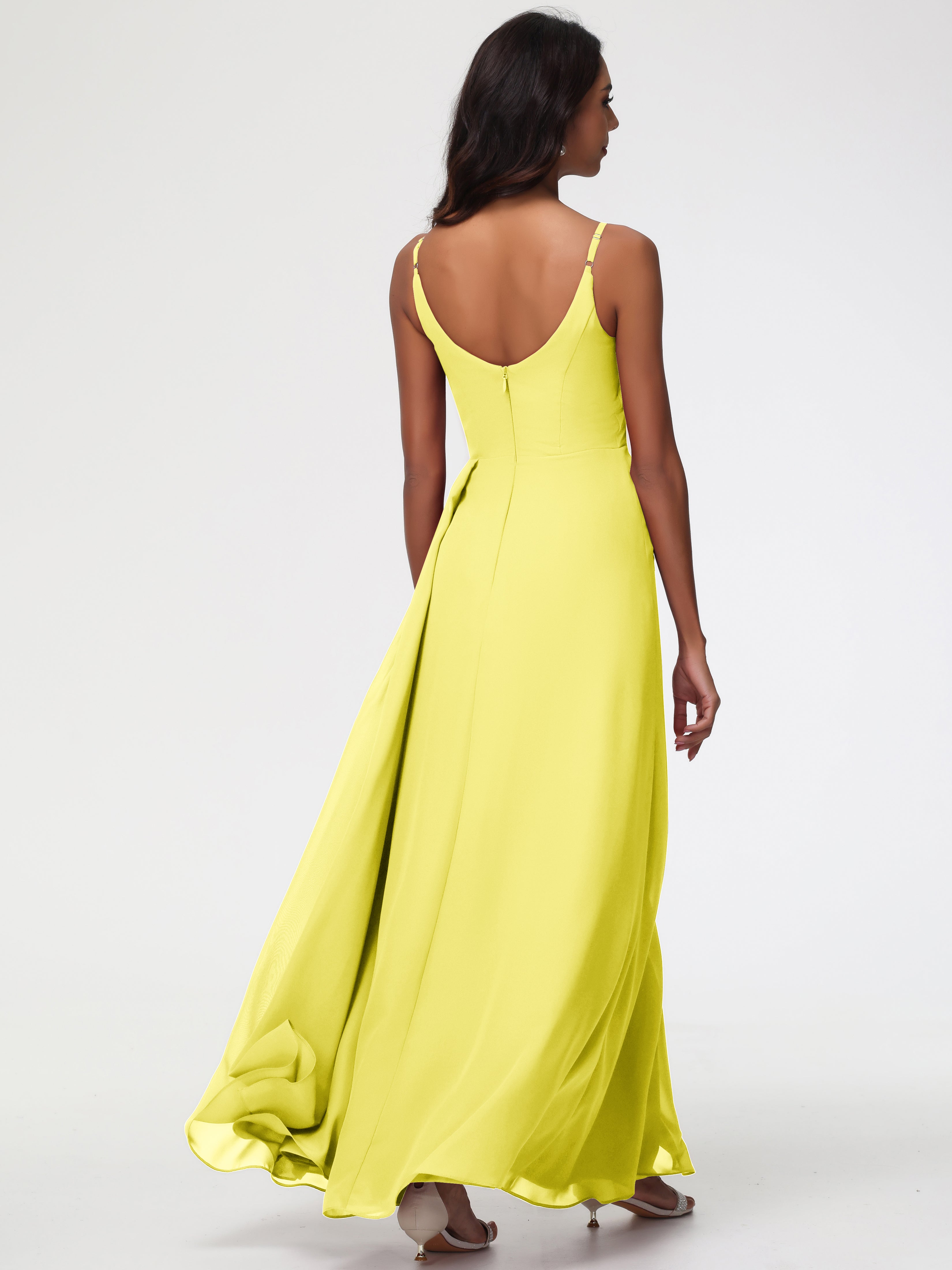 A-Line V-Neck Sleeveless Spaghetti Straps Pleats Chiffon Bridesmaid Dresses With Split