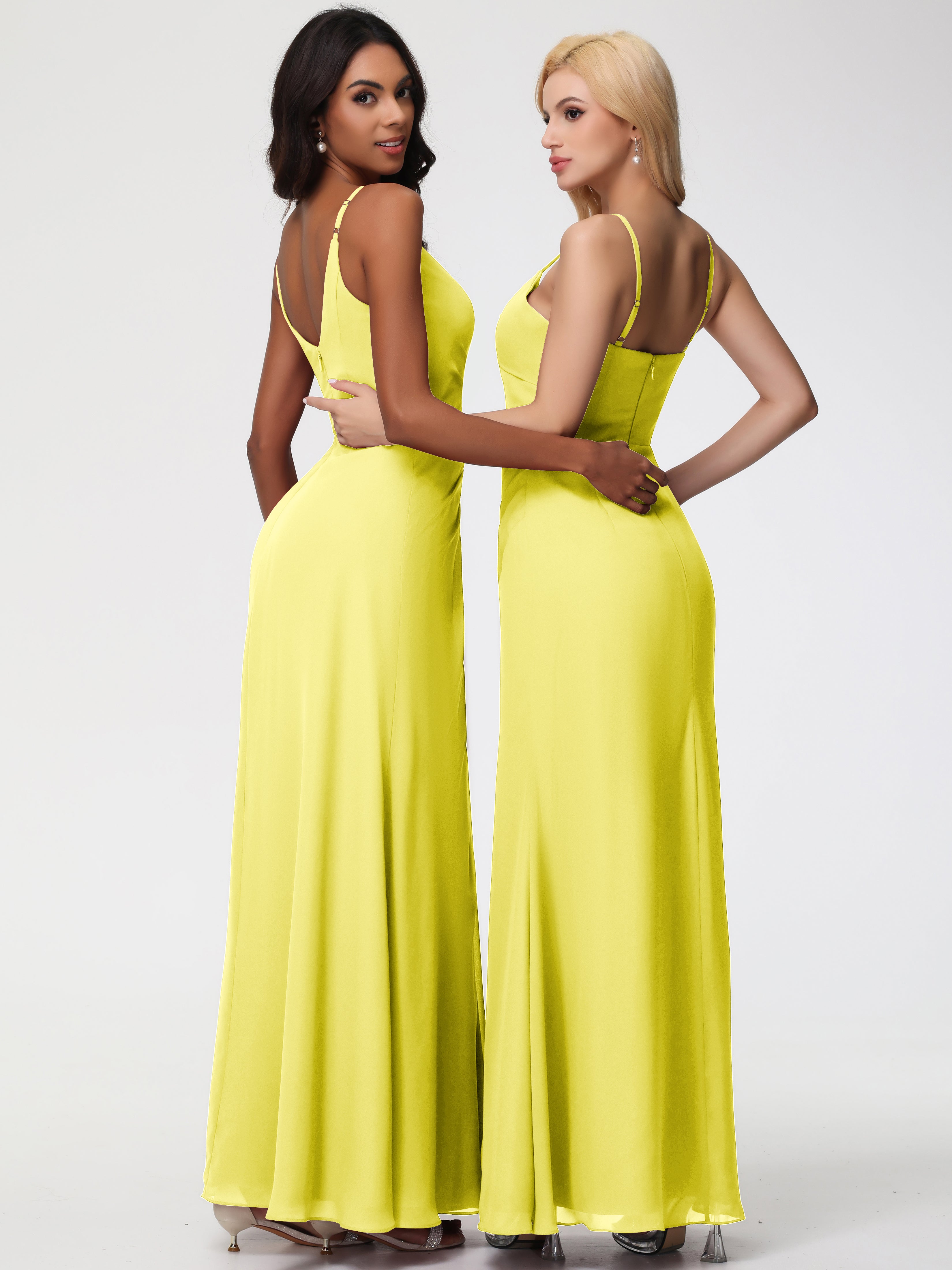 A-Line V-Neck Sleeveless Spaghetti Straps Pleats Chiffon Bridesmaid Dresses With Split