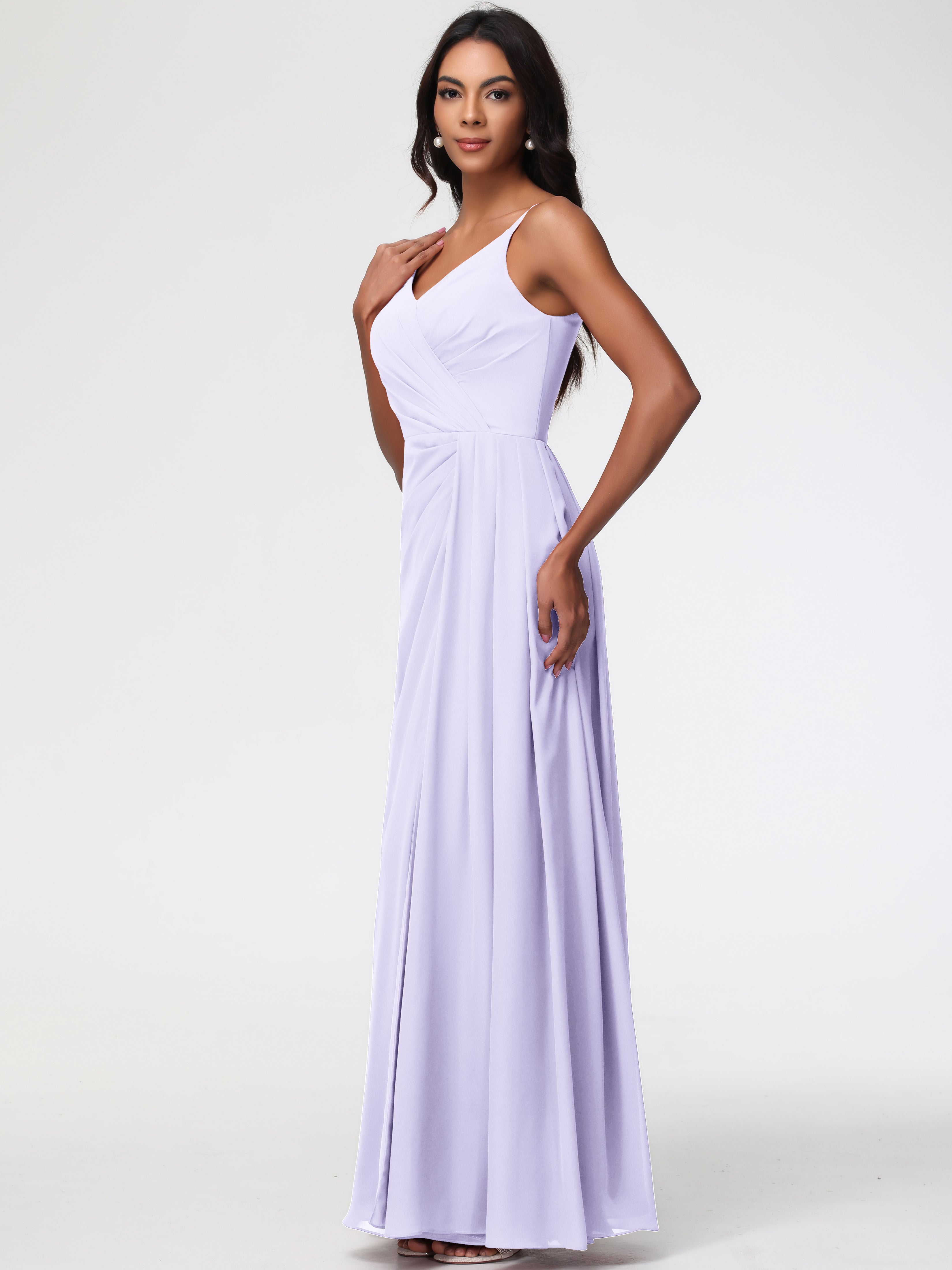 A-Line V-Neck Sleeveless Spaghetti Straps Pleats Chiffon Bridesmaid Dresses With Split