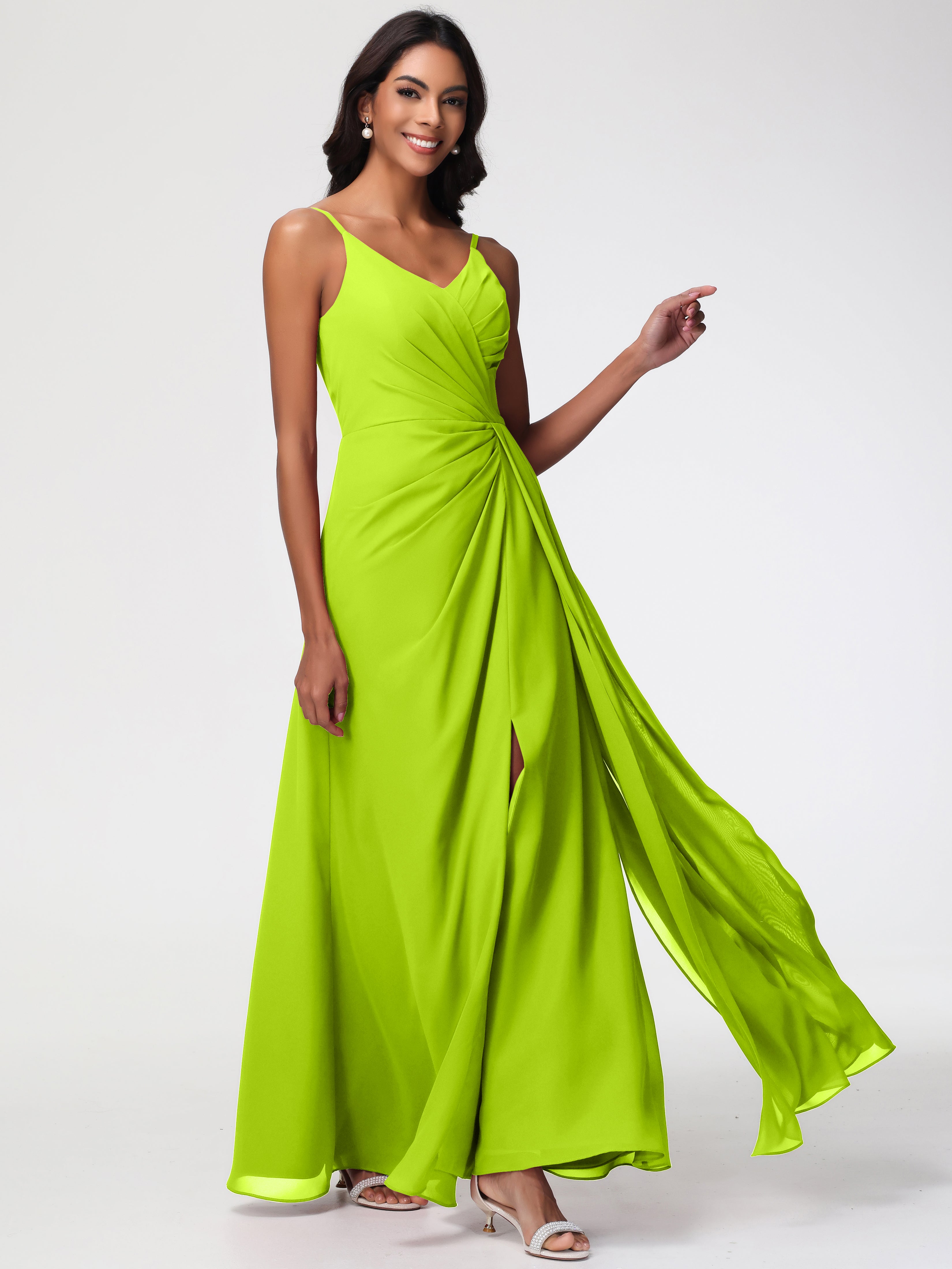 A-Line V-Neck Sleeveless Spaghetti Straps Pleats Chiffon Bridesmaid Dresses With Split
