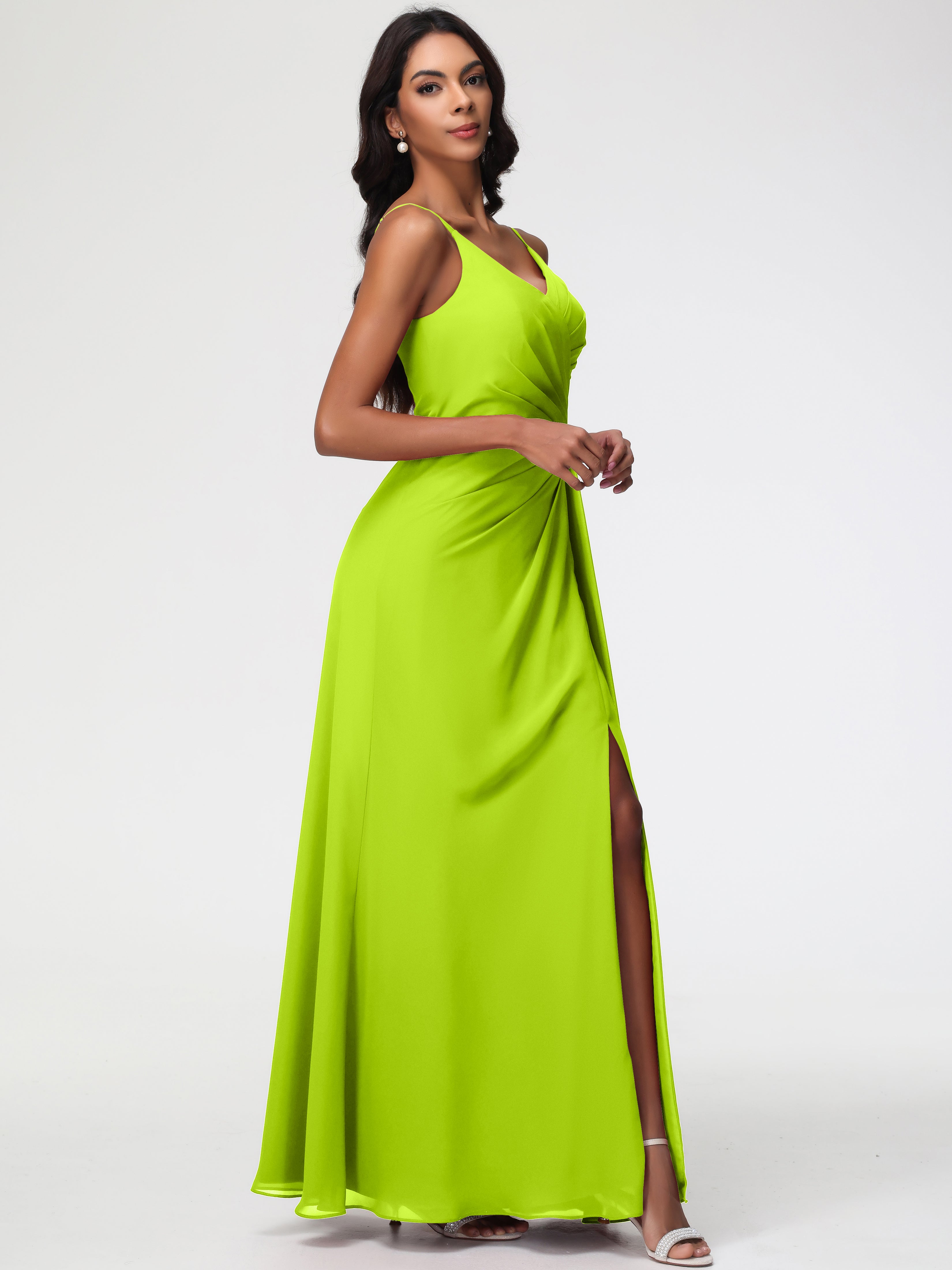 A-Line V-Neck Sleeveless Spaghetti Straps Pleats Chiffon Bridesmaid Dresses With Split