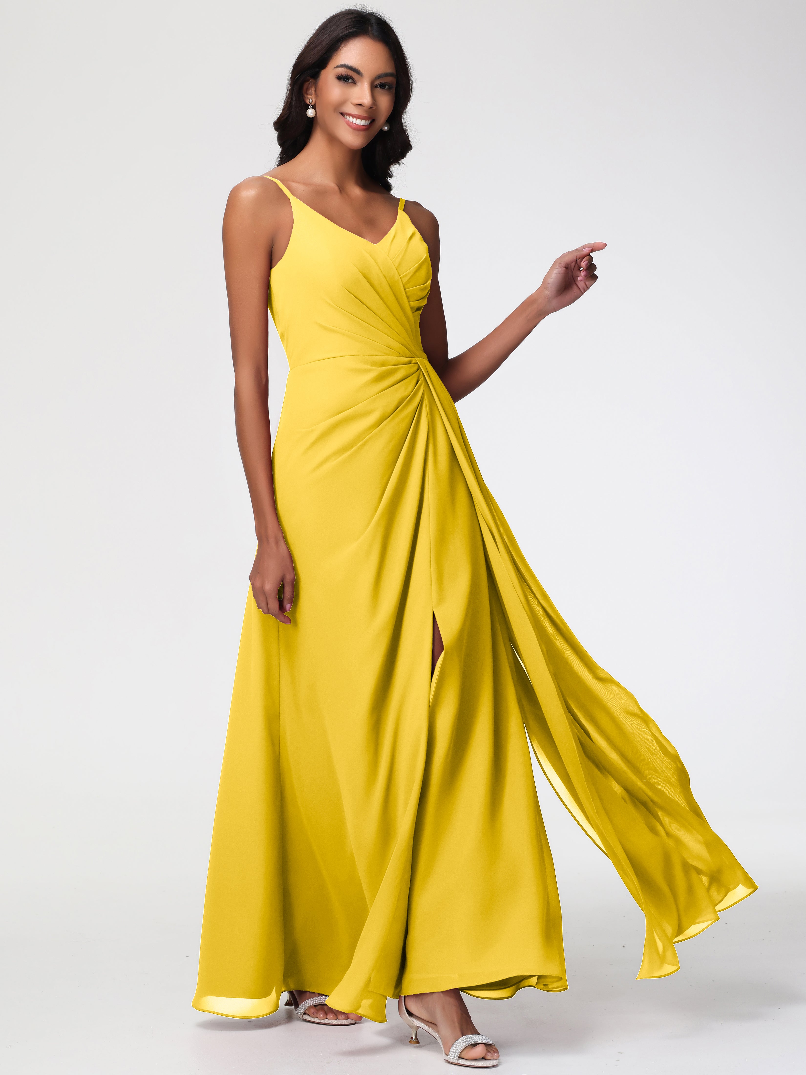 A-Line V-Neck Sleeveless Spaghetti Straps Pleats Chiffon Bridesmaid Dresses With Split