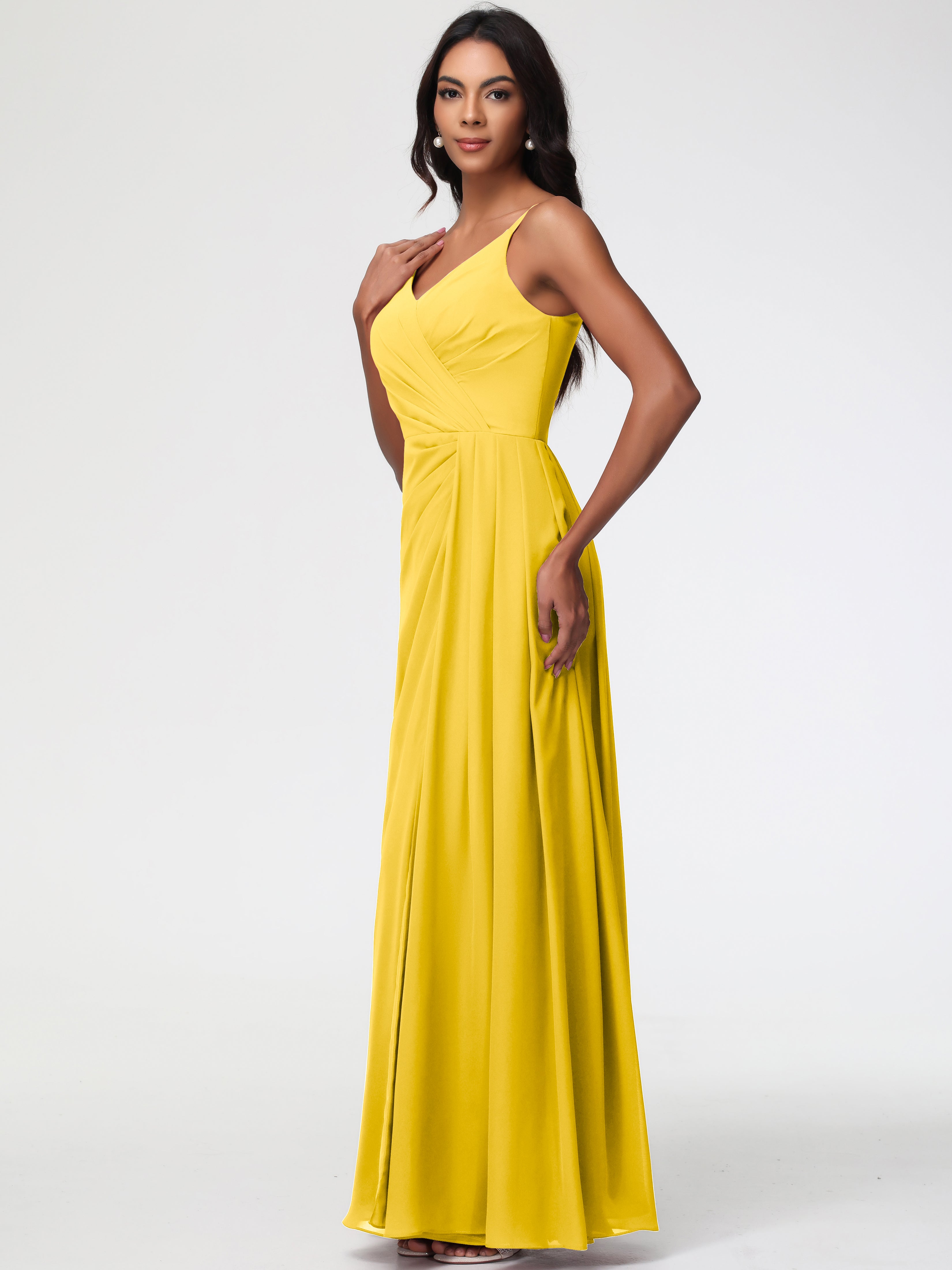 A-Line V-Neck Sleeveless Spaghetti Straps Pleats Chiffon Bridesmaid Dresses With Split