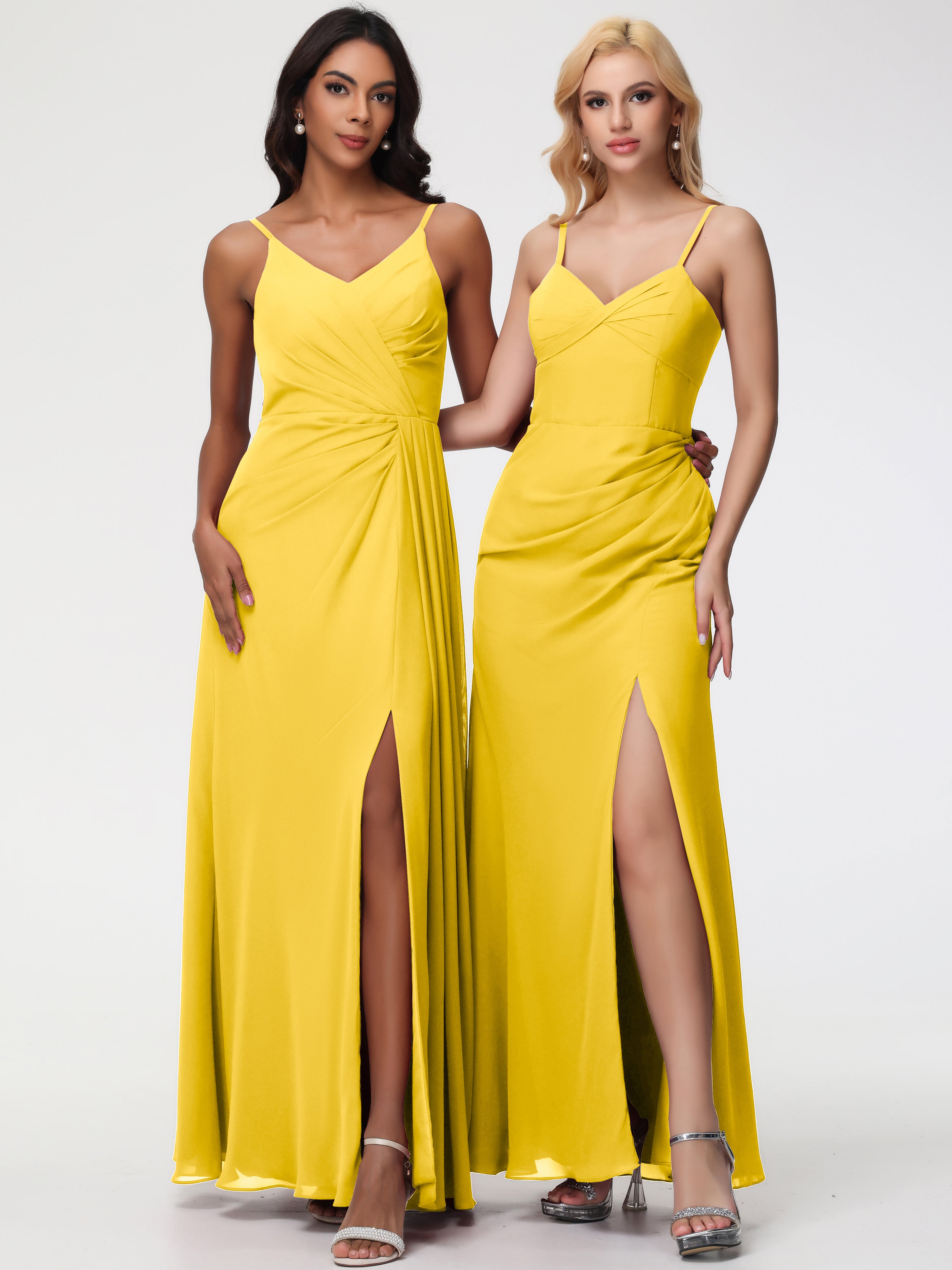 A-Line V-Neck Sleeveless Spaghetti Straps Pleats Chiffon Bridesmaid Dresses With Split