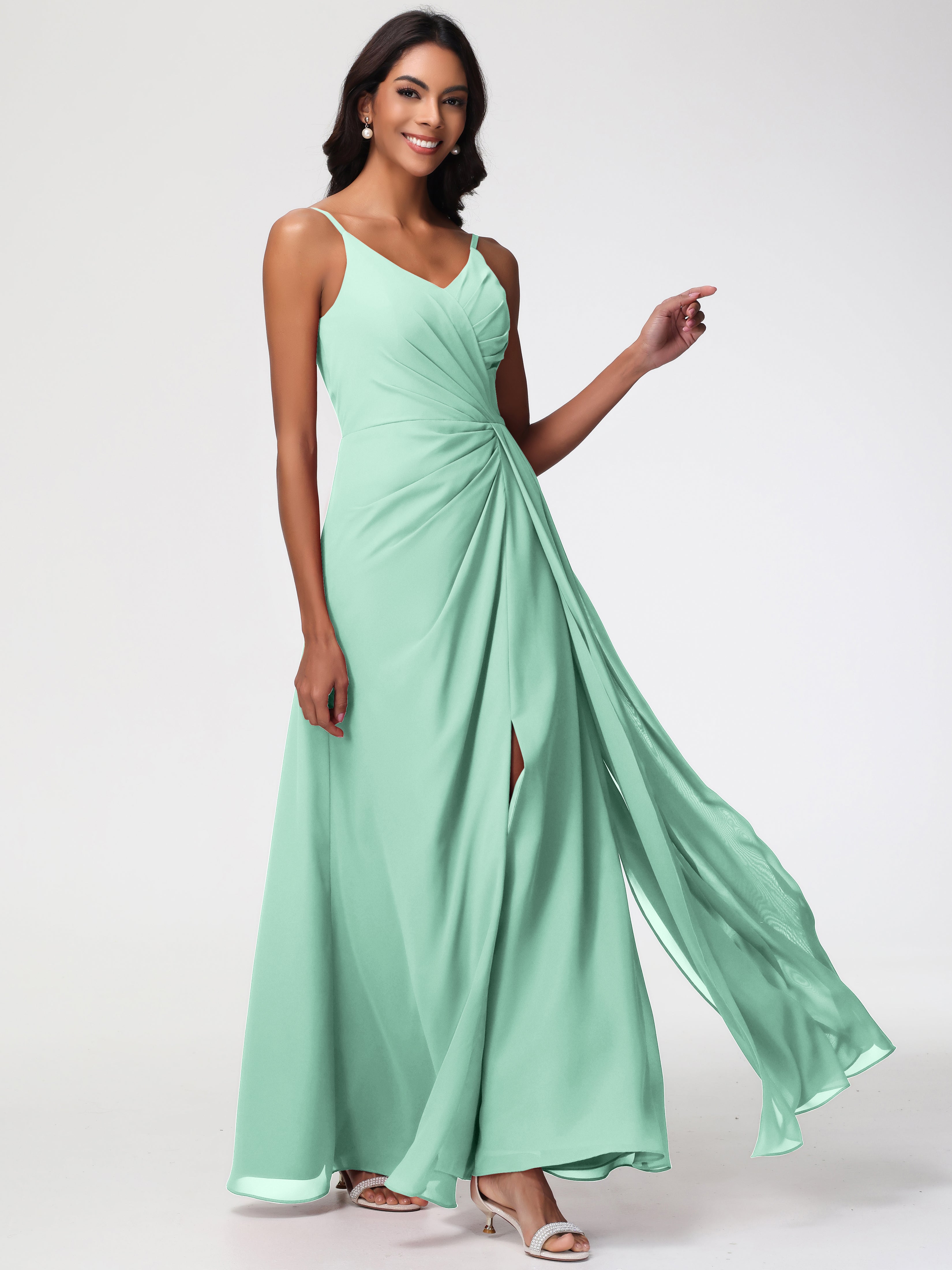 A-Line V-Neck Sleeveless Spaghetti Straps Pleats Chiffon Bridesmaid Dresses With Split