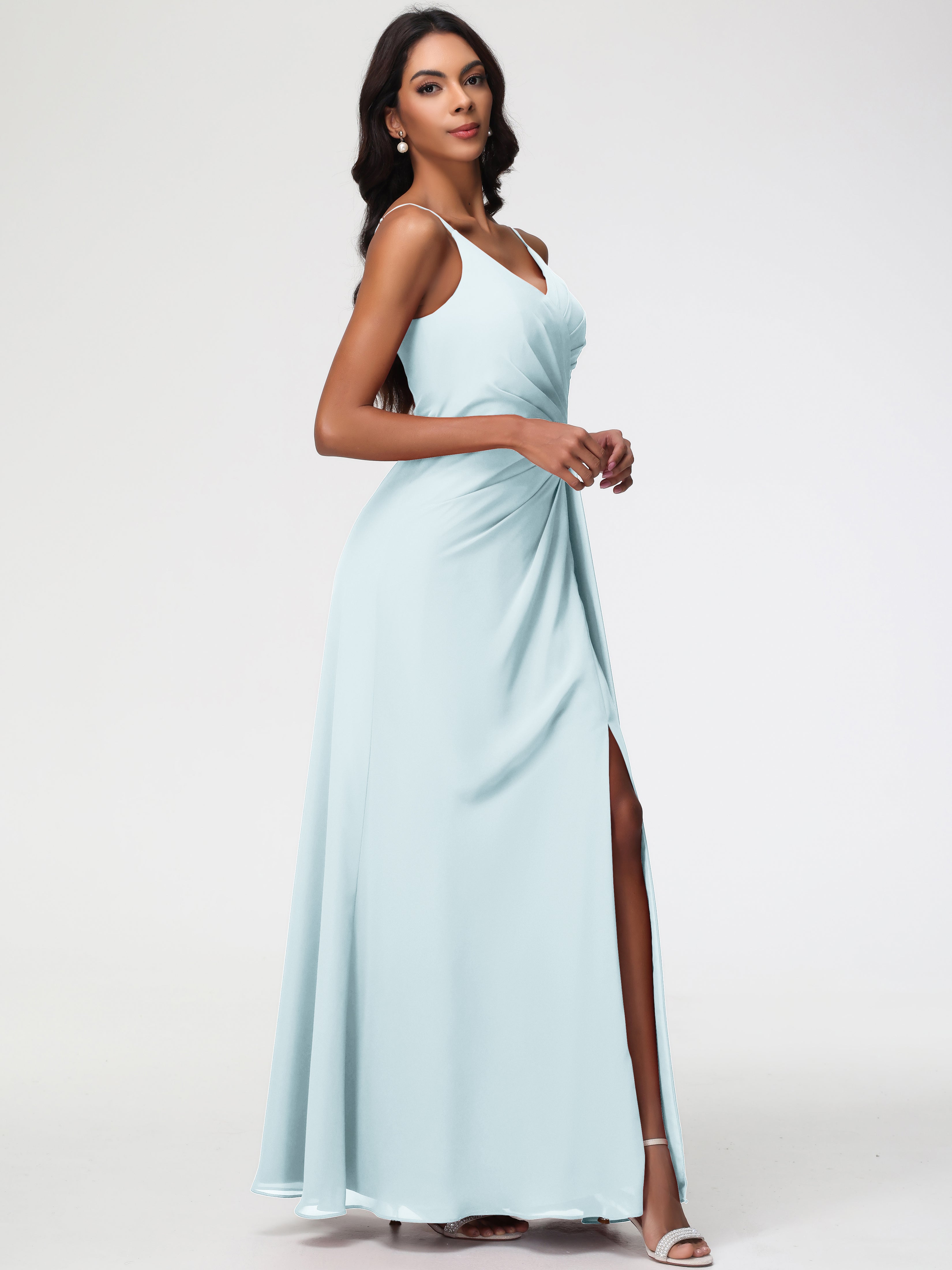 A-Line V-Neck Sleeveless Spaghetti Straps Pleats Chiffon Bridesmaid Dresses With Split